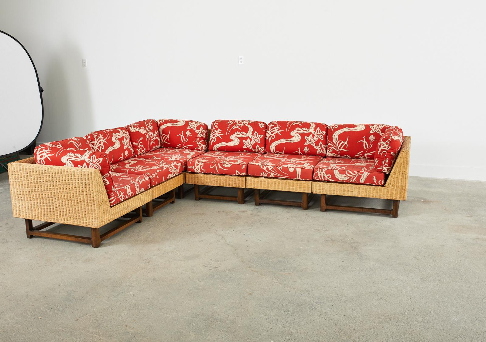 Fabric Midcentury Ficks Reed Rattan Wicker Six-Piece Sectional Sofa