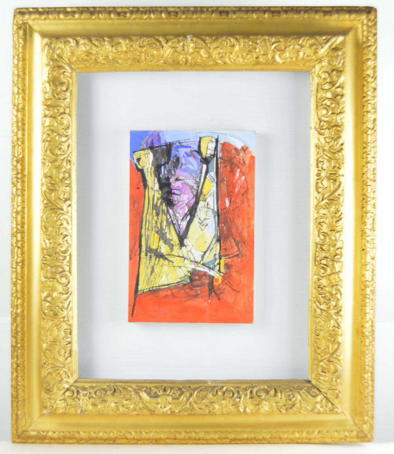 Wonderful figural abstract painting.

Artist unknown.

In the style of the very fashionable artist Lynn Chadwick

Lovely bright colors.

Gouache on card.

Presented in an 18th century giltwood frame.

The measurement given below is the
