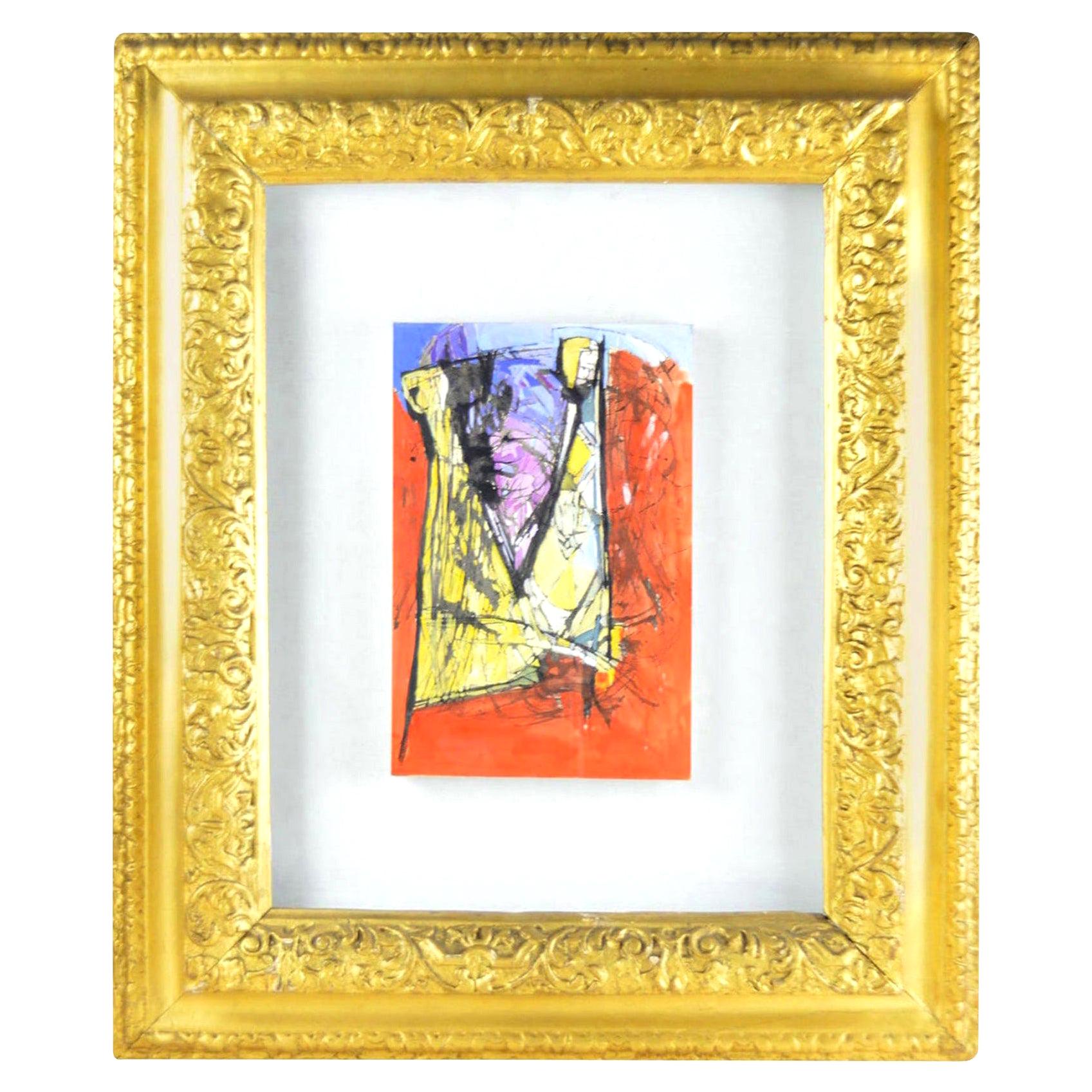 Midcentury Figural Abstract Painting In Antique Gilt Frame For Sale