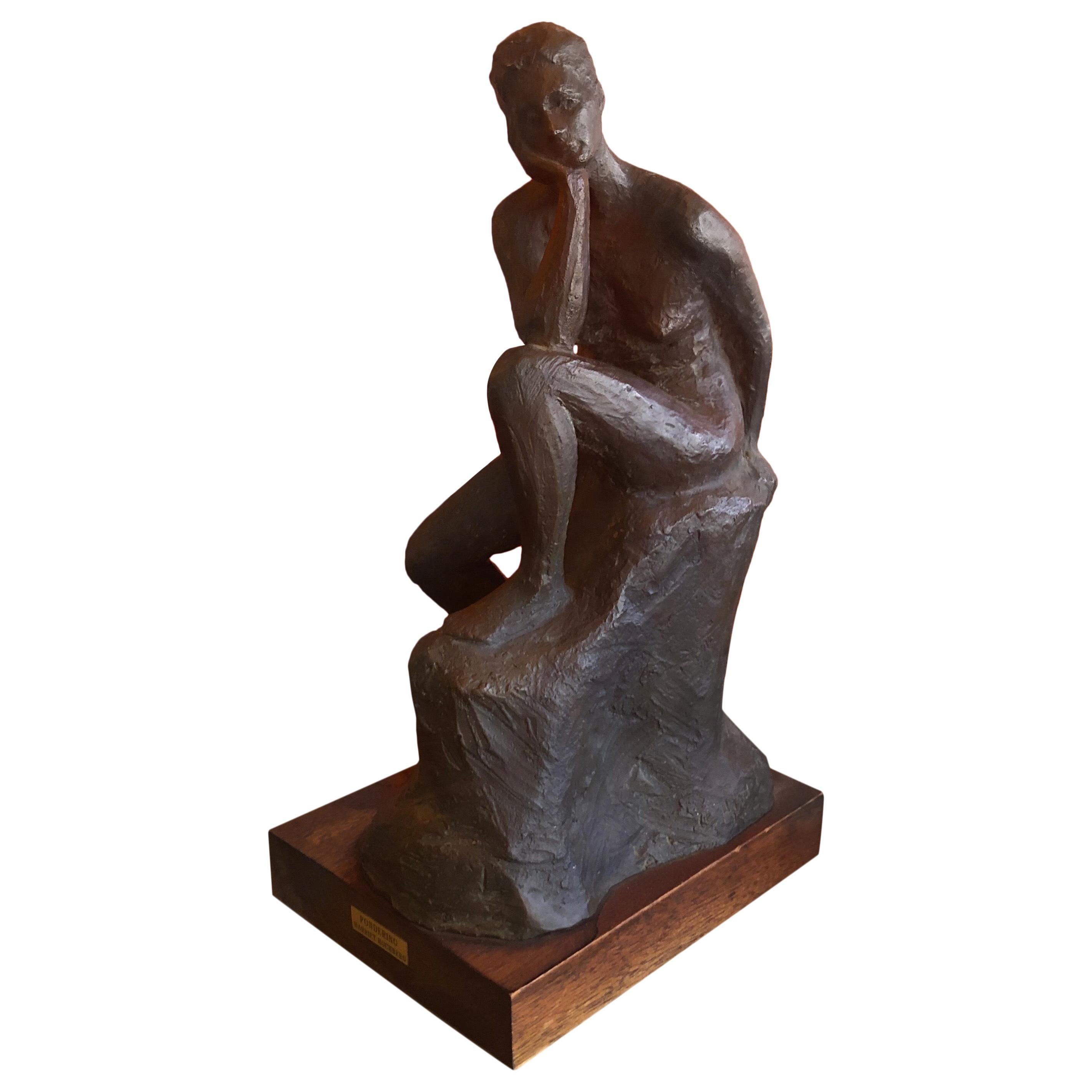 Midcentury Figurative Woman in Bronze Entitled "Pondering" by Harriet Hochberg