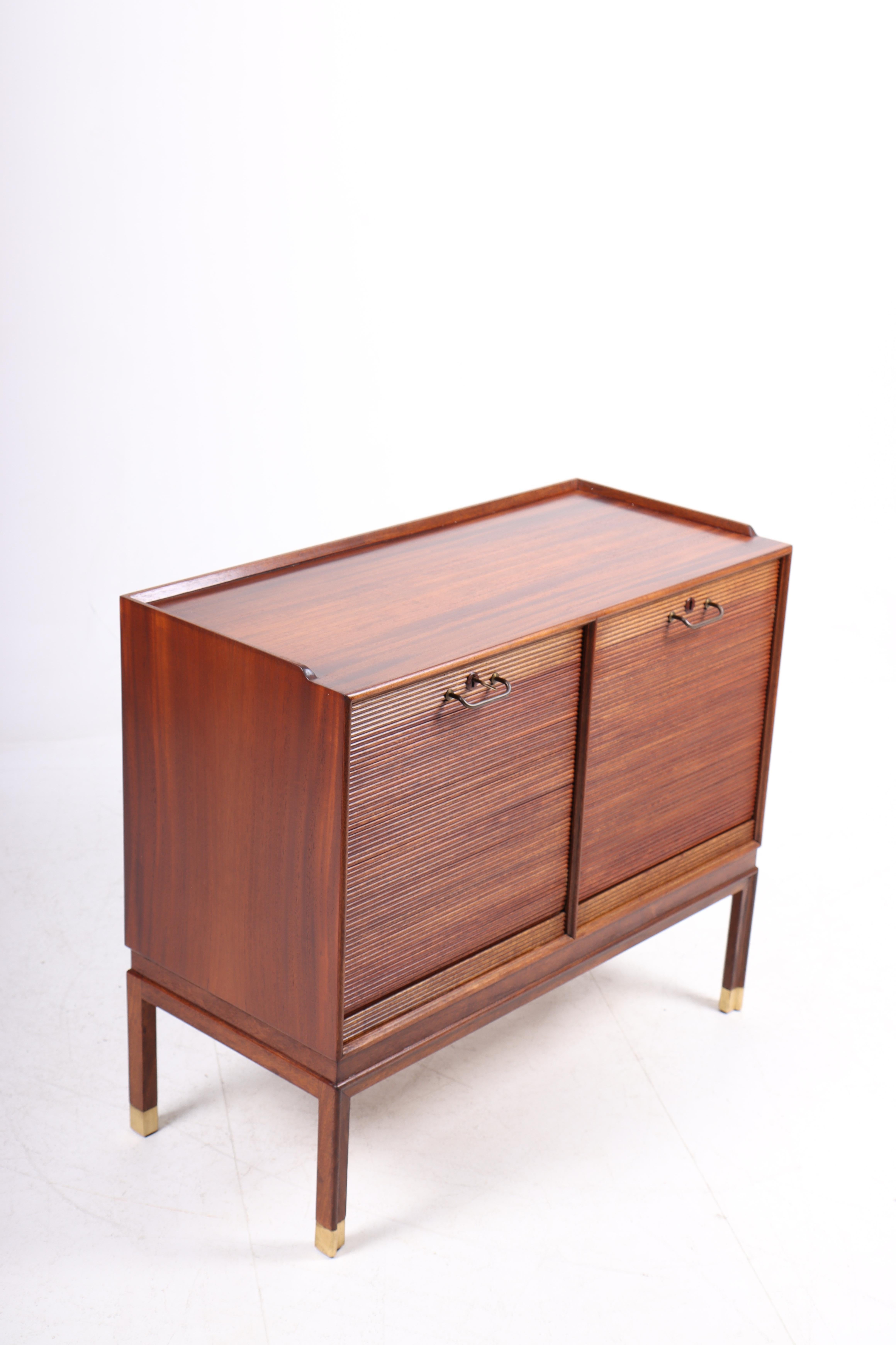 Brass Midcentury File Cabinet in Mahogany with Tambour Doors, 1950s For Sale