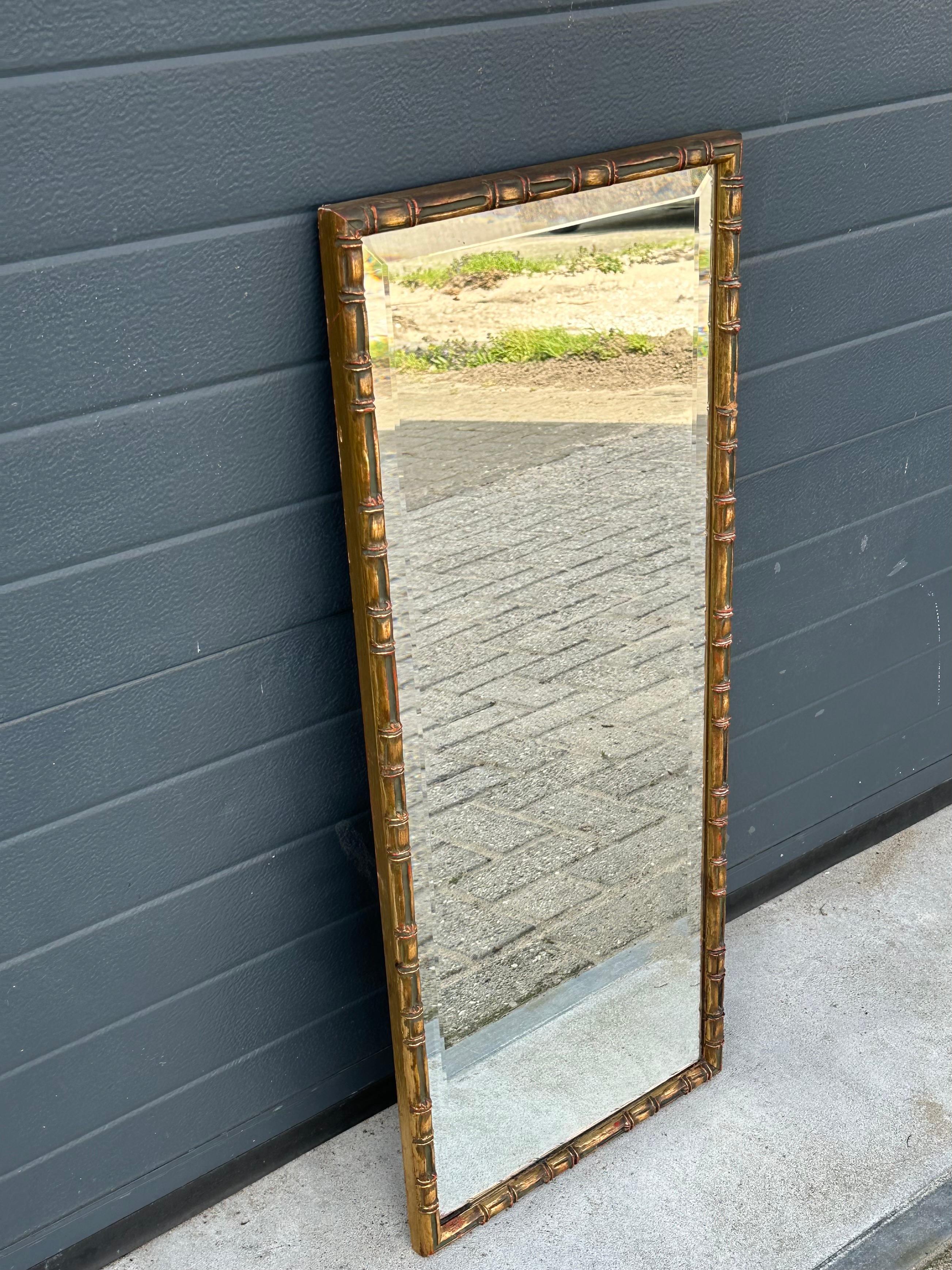 MidCentury Fine Carved Gilded Wooden Bamboo Style Wall Mirror w. Beveled Glass  For Sale 4