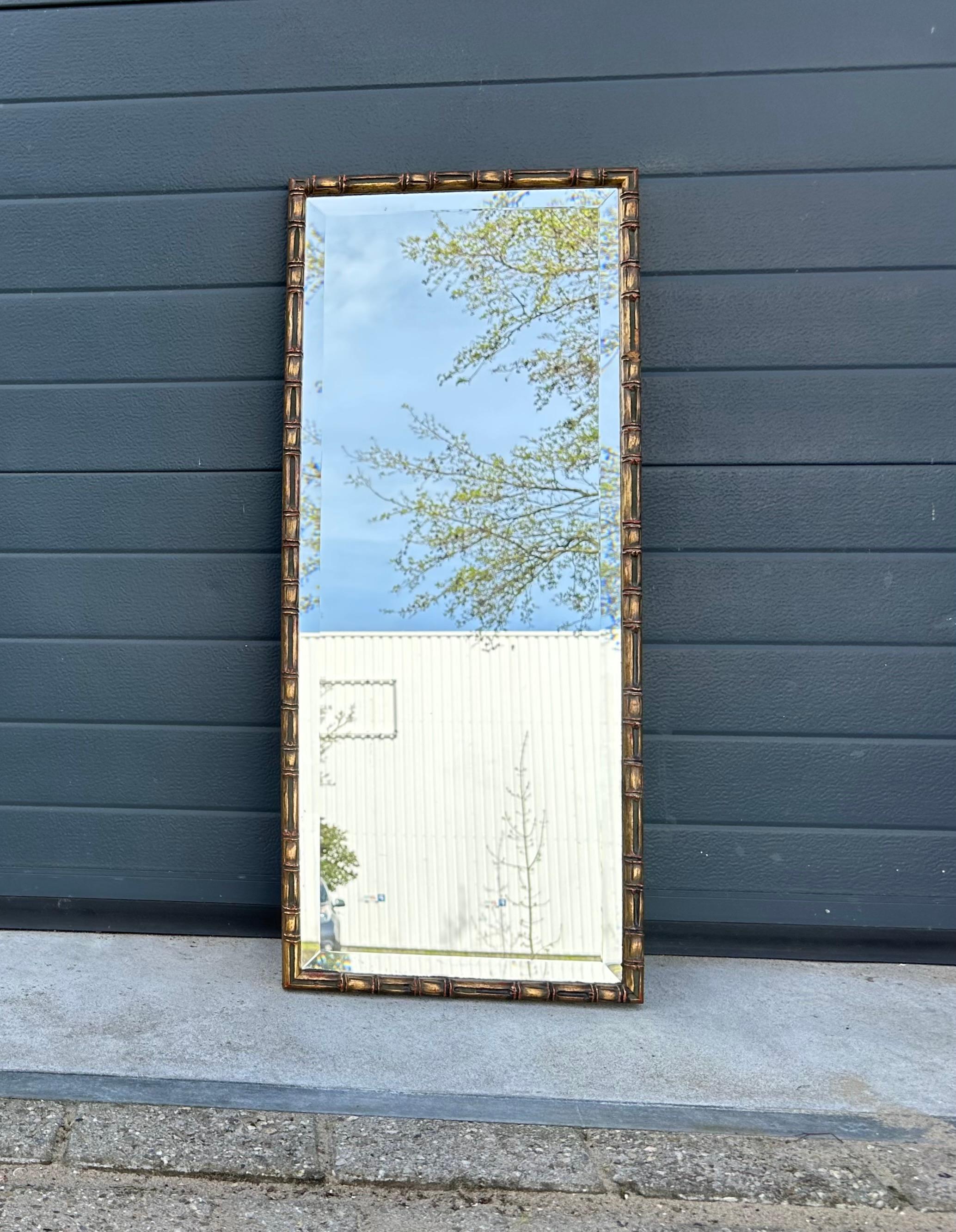 MidCentury Fine Carved Gilded Wooden Bamboo Style Wall Mirror w. Beveled Glass  For Sale 5