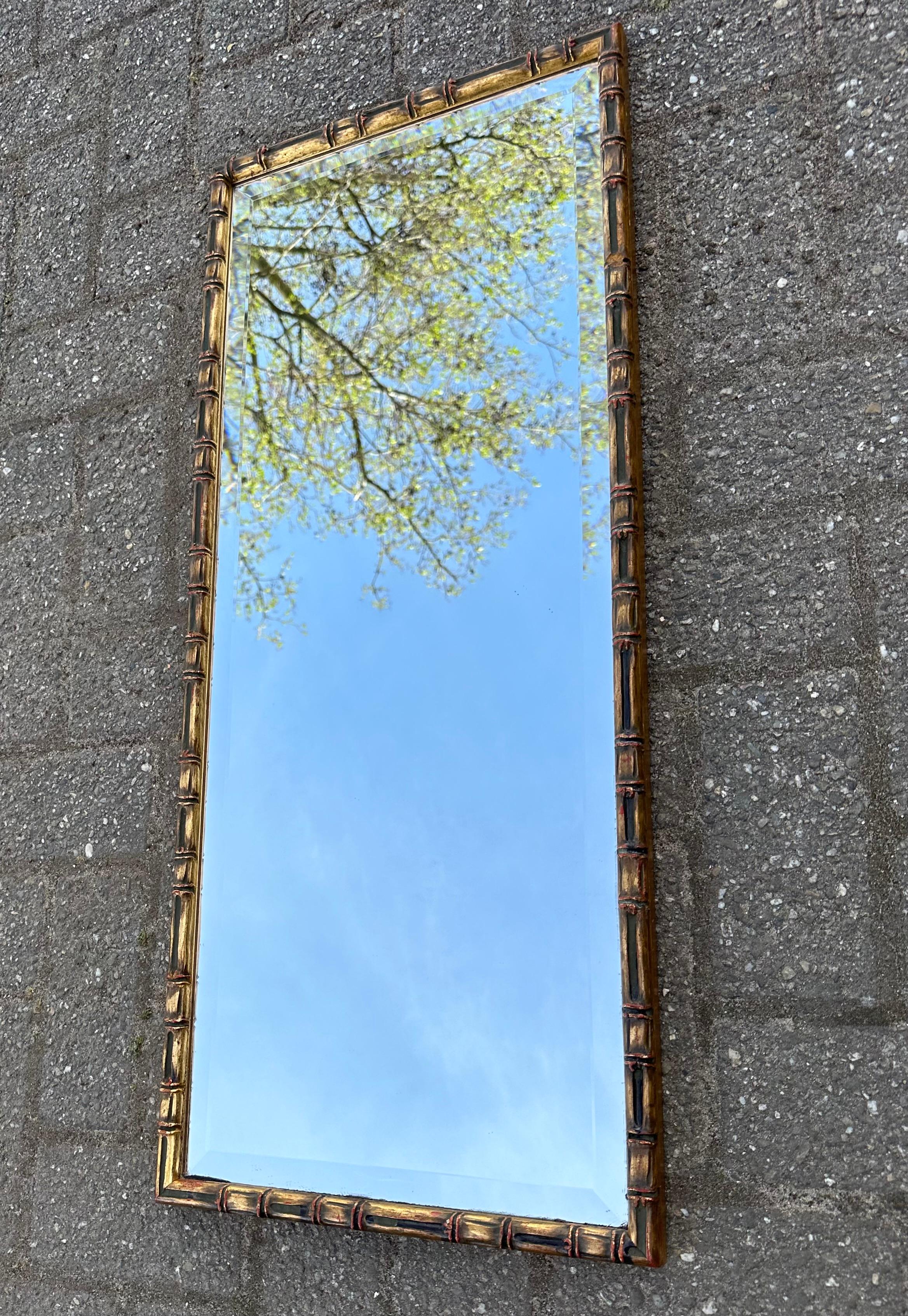 MidCentury Fine Carved Gilded Wooden Bamboo Style Wall Mirror w. Beveled Glass  For Sale 7