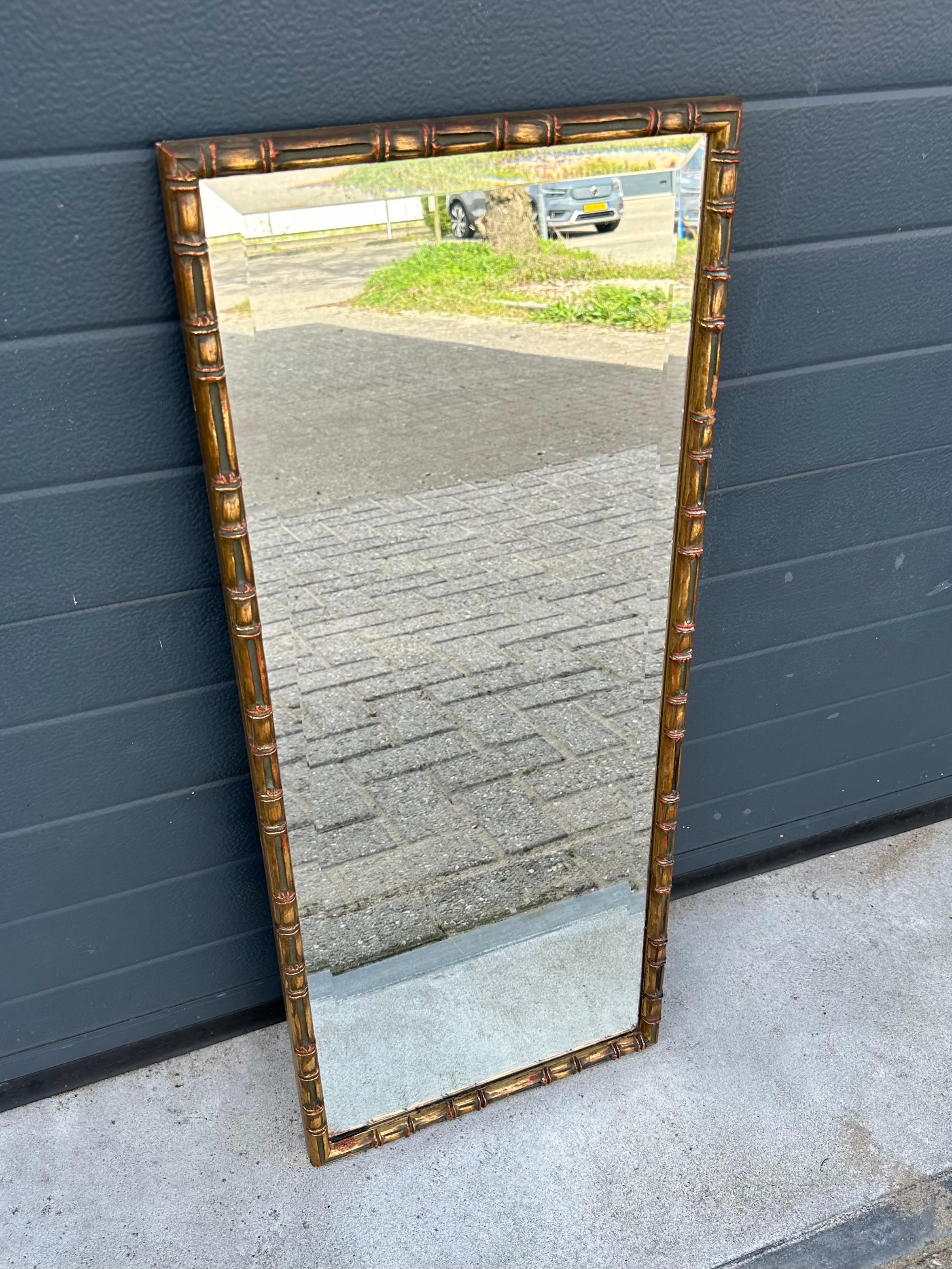 Mid-Century Modern MidCentury Fine Carved Gilded Wooden Bamboo Style Wall Mirror w. Beveled Glass  For Sale