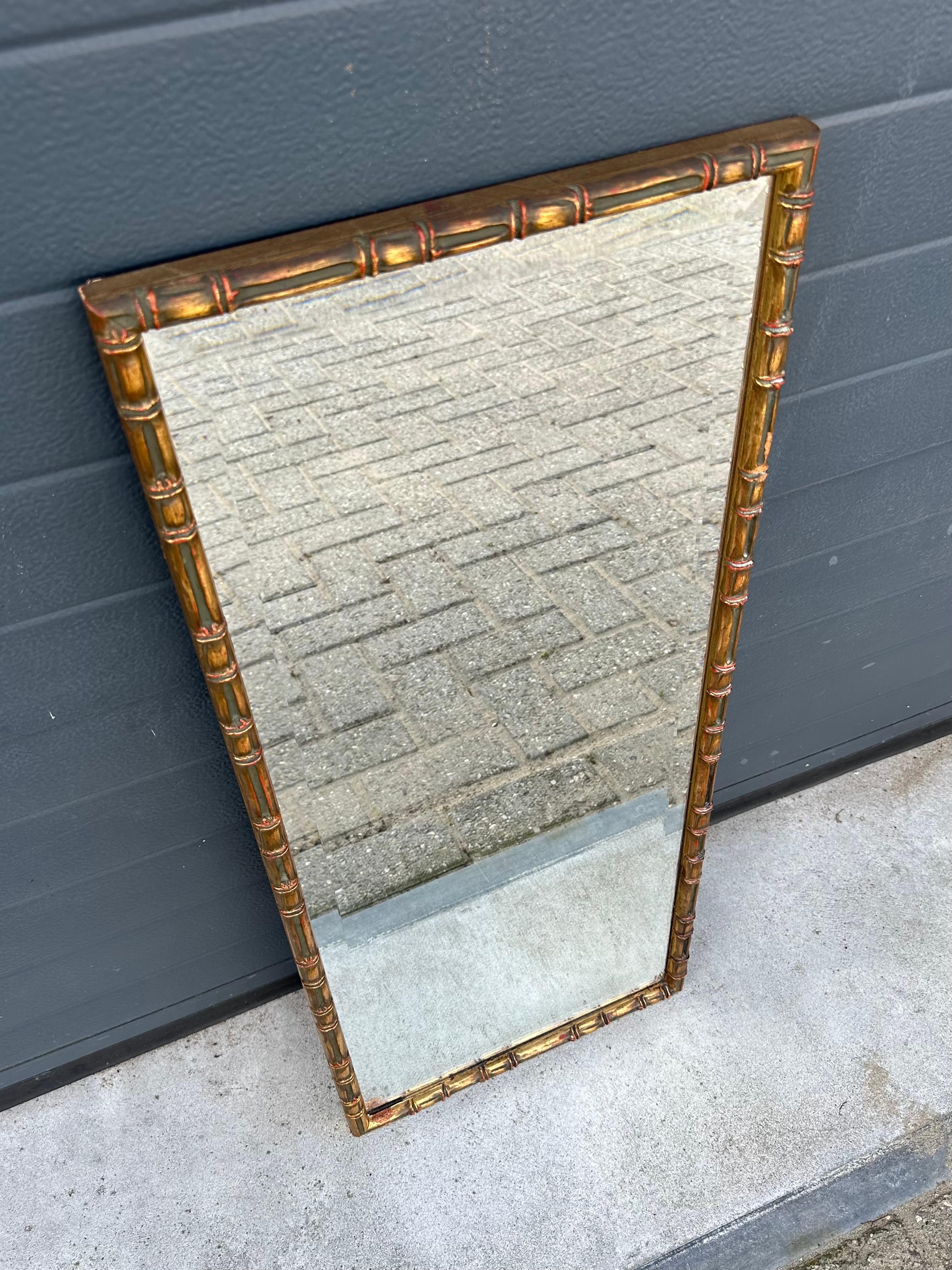 Italian MidCentury Fine Carved Gilded Wooden Bamboo Style Wall Mirror w. Beveled Glass  For Sale