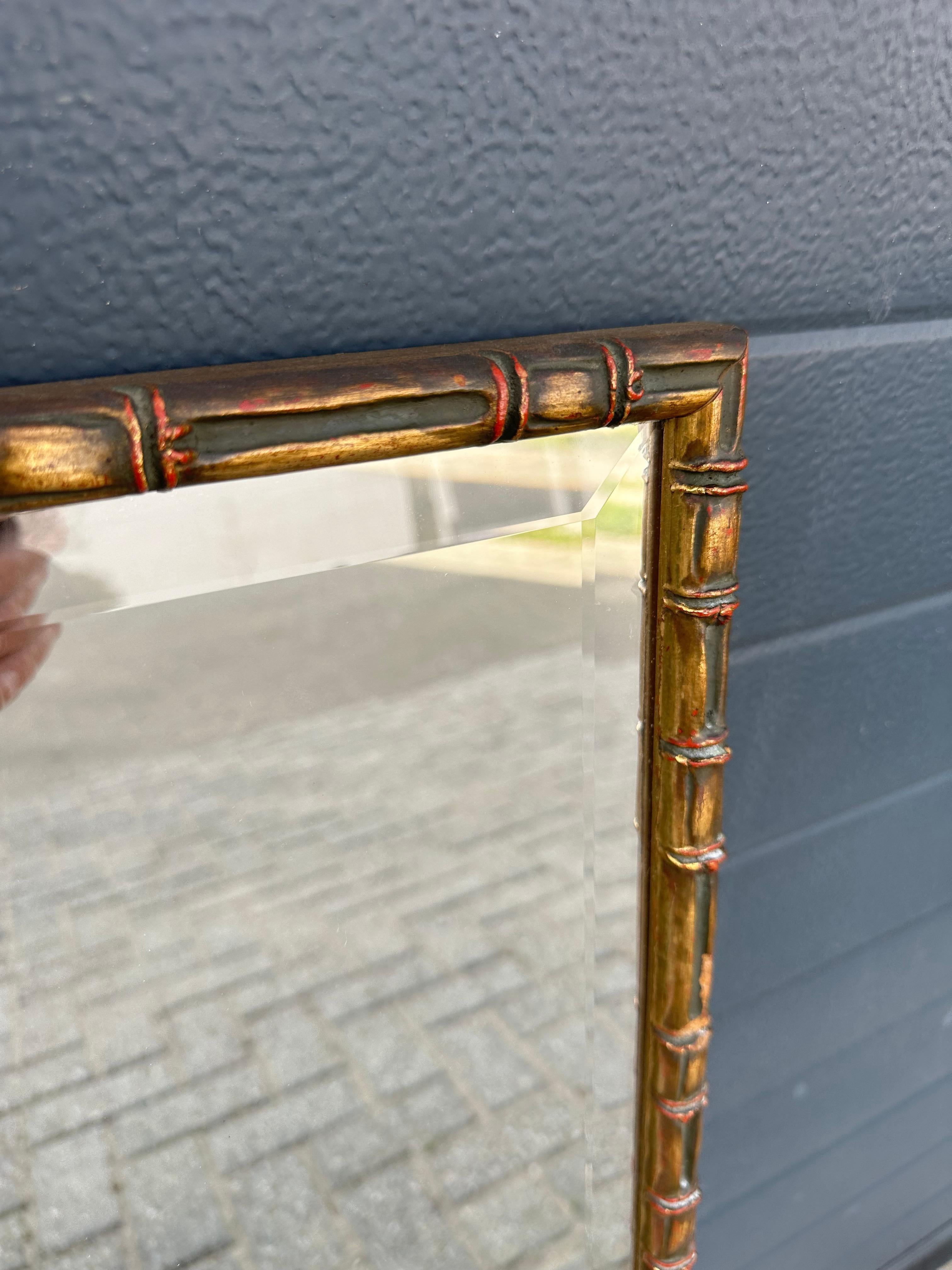 MidCentury Fine Carved Gilded Wooden Bamboo Style Wall Mirror w. Beveled Glass  In Good Condition For Sale In Lisse, NL