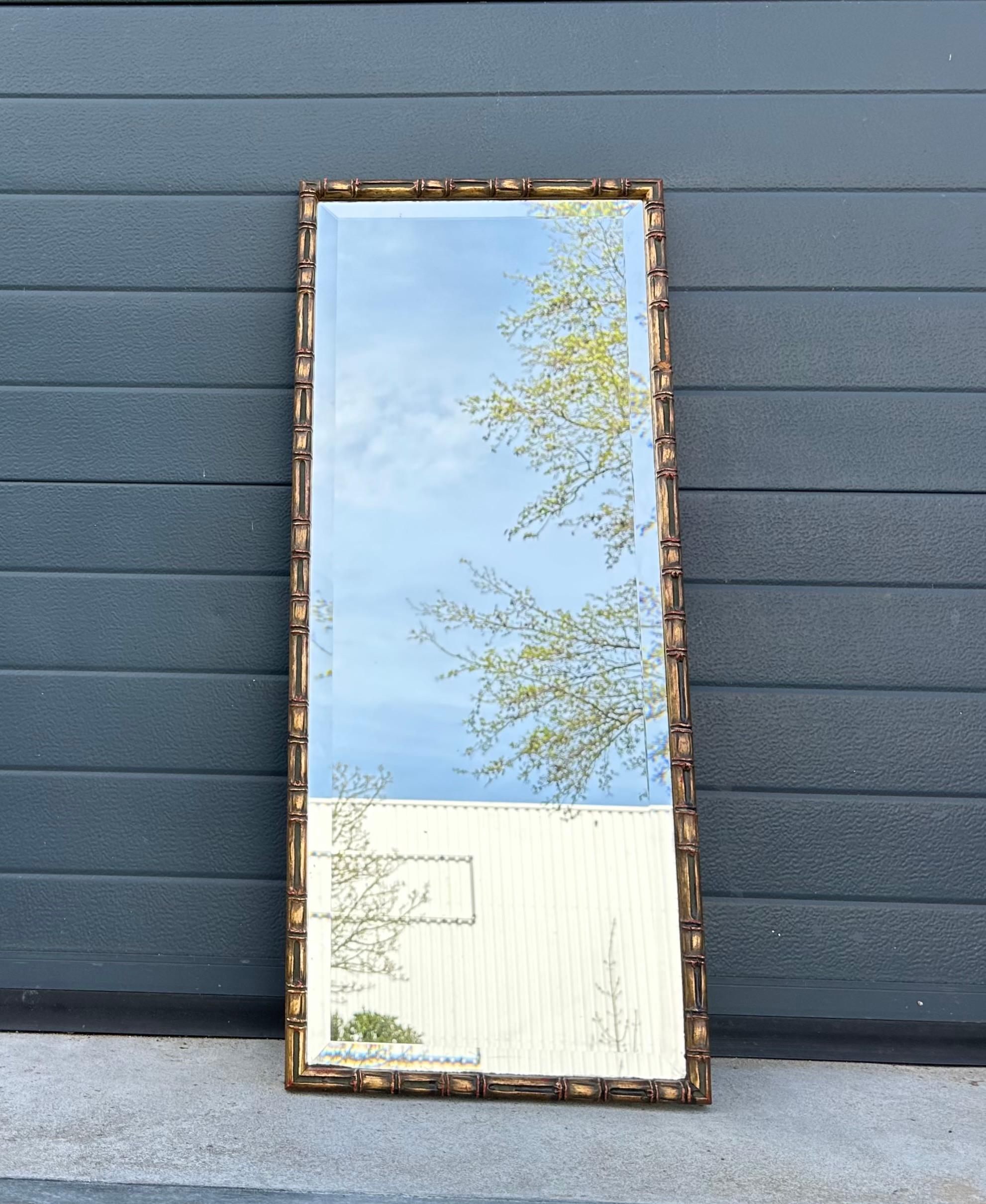 20th Century MidCentury Fine Carved Gilded Wooden Bamboo Style Wall Mirror w. Beveled Glass  For Sale