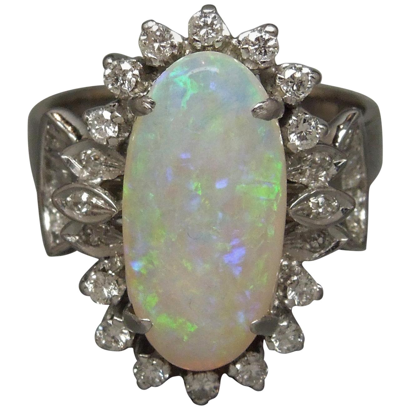 Midcentury Fire Opal and Diamond 18 Karat Ring