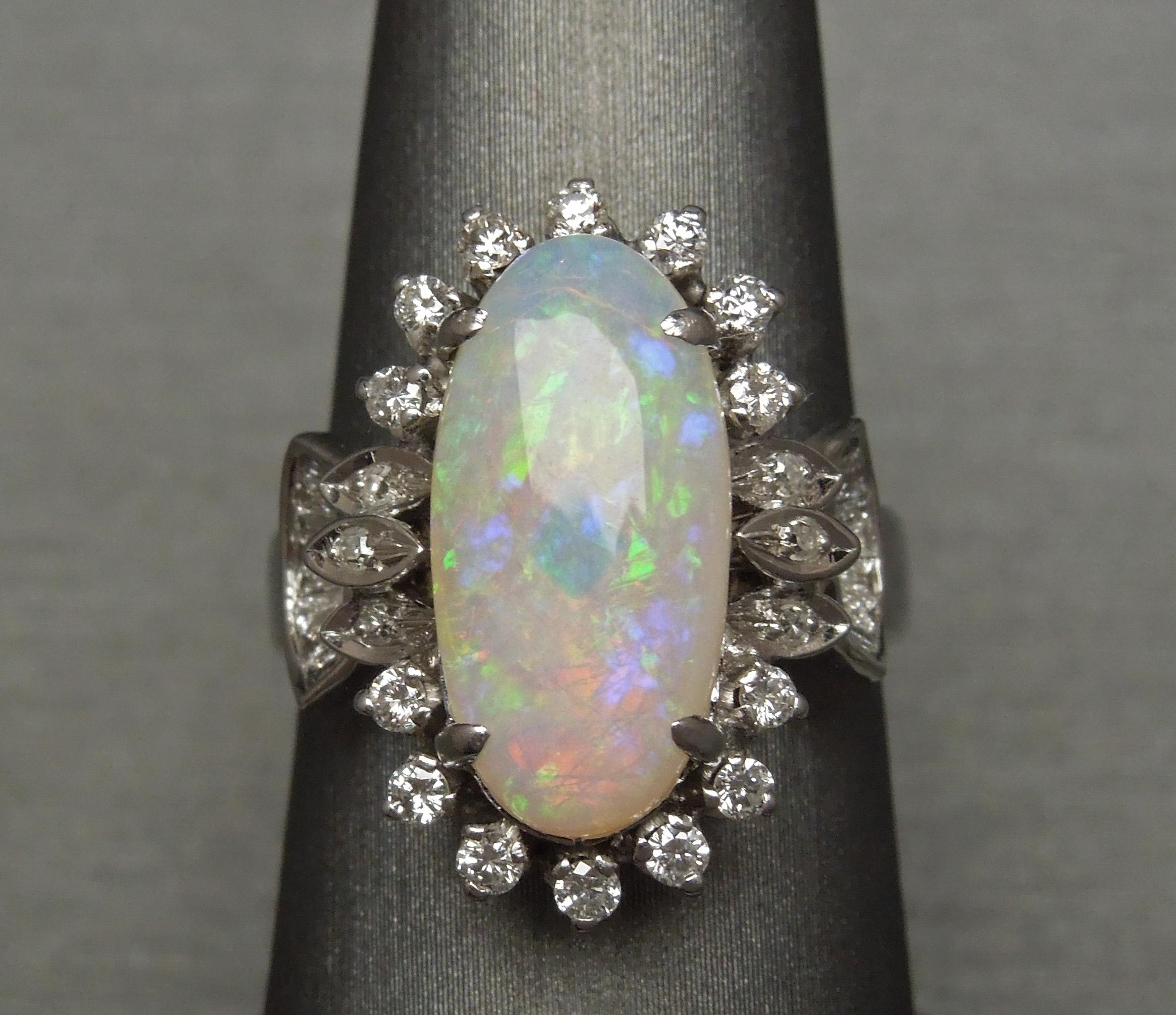 Oval Cut Midcentury Fire Opal and Diamond 18 Karat Ring For Sale