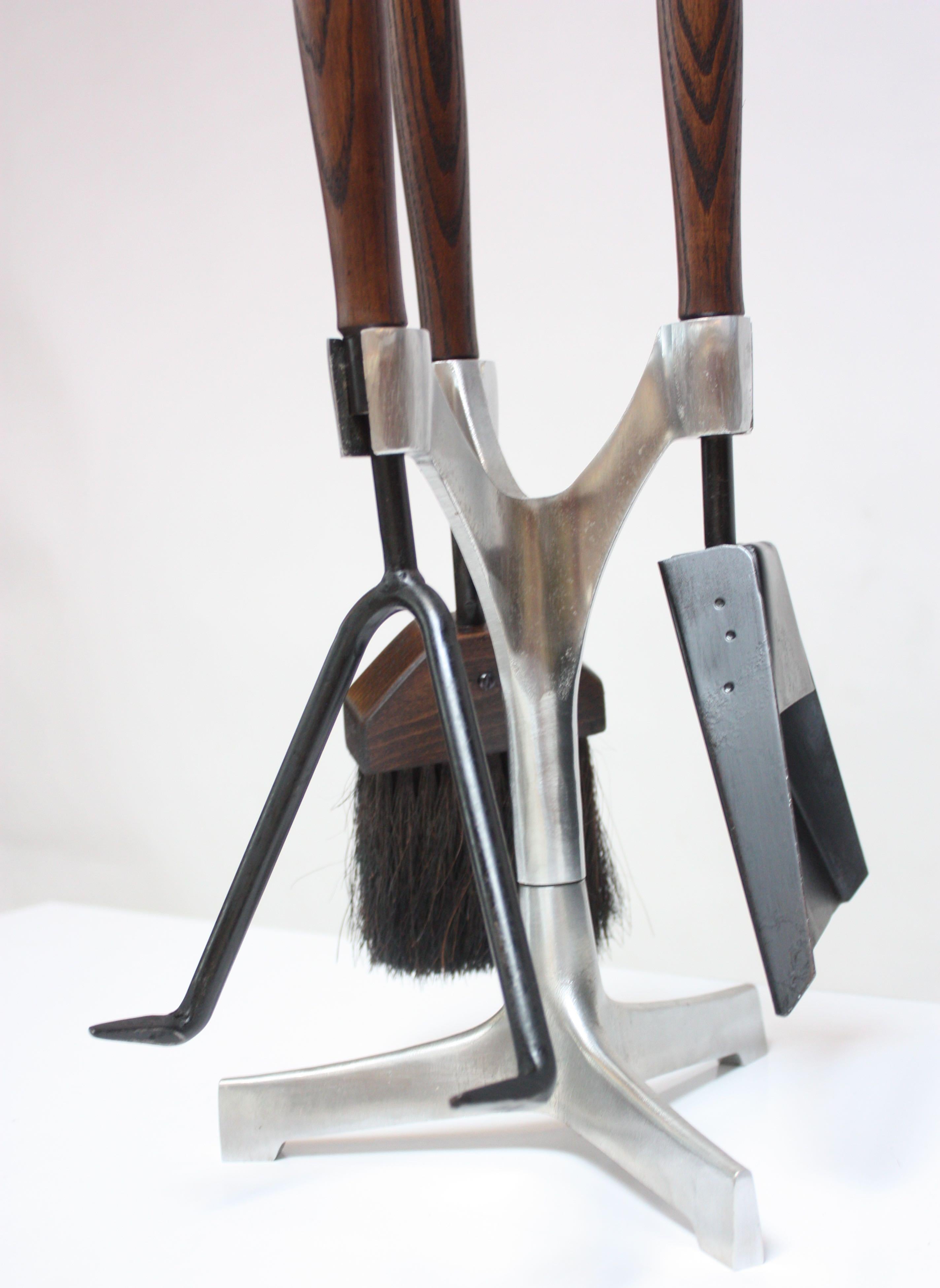 Mid-Century Modern Midcentury Fire Tools in Papercord, Ash, and Iron with Aluminum Holder