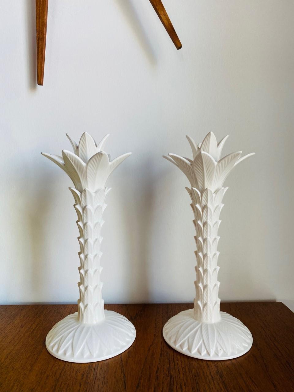 Mid-Century Modern Mid Century Fitz and Floyd Porcelain Chinoiserie Palm Tree Candle Holders Pair