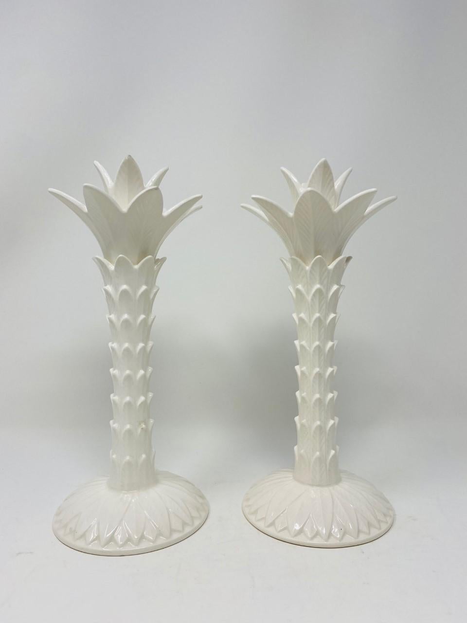 English Mid Century Fitz and Floyd Porcelain Chinoiserie Palm Tree Candle Holders Pair