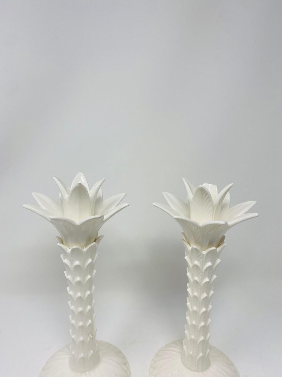Mid-Century Modern Mid Century Fitz and Floyd Porcelain Chinoiserie Palm Tree Candle Holders Pair