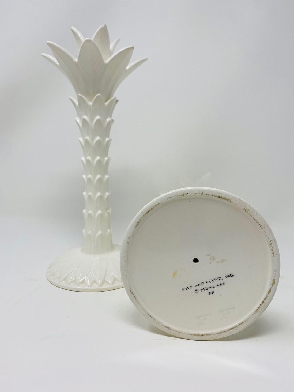 Late 20th Century Mid Century Fitz and Floyd Porcelain Chinoiserie Palm Tree Candle Holders Pair