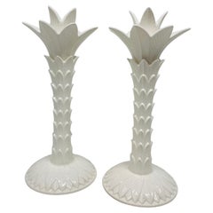 Mid Century Fitz and Floyd Porcelain Chinoiserie Palm Tree Candle Holders Pair