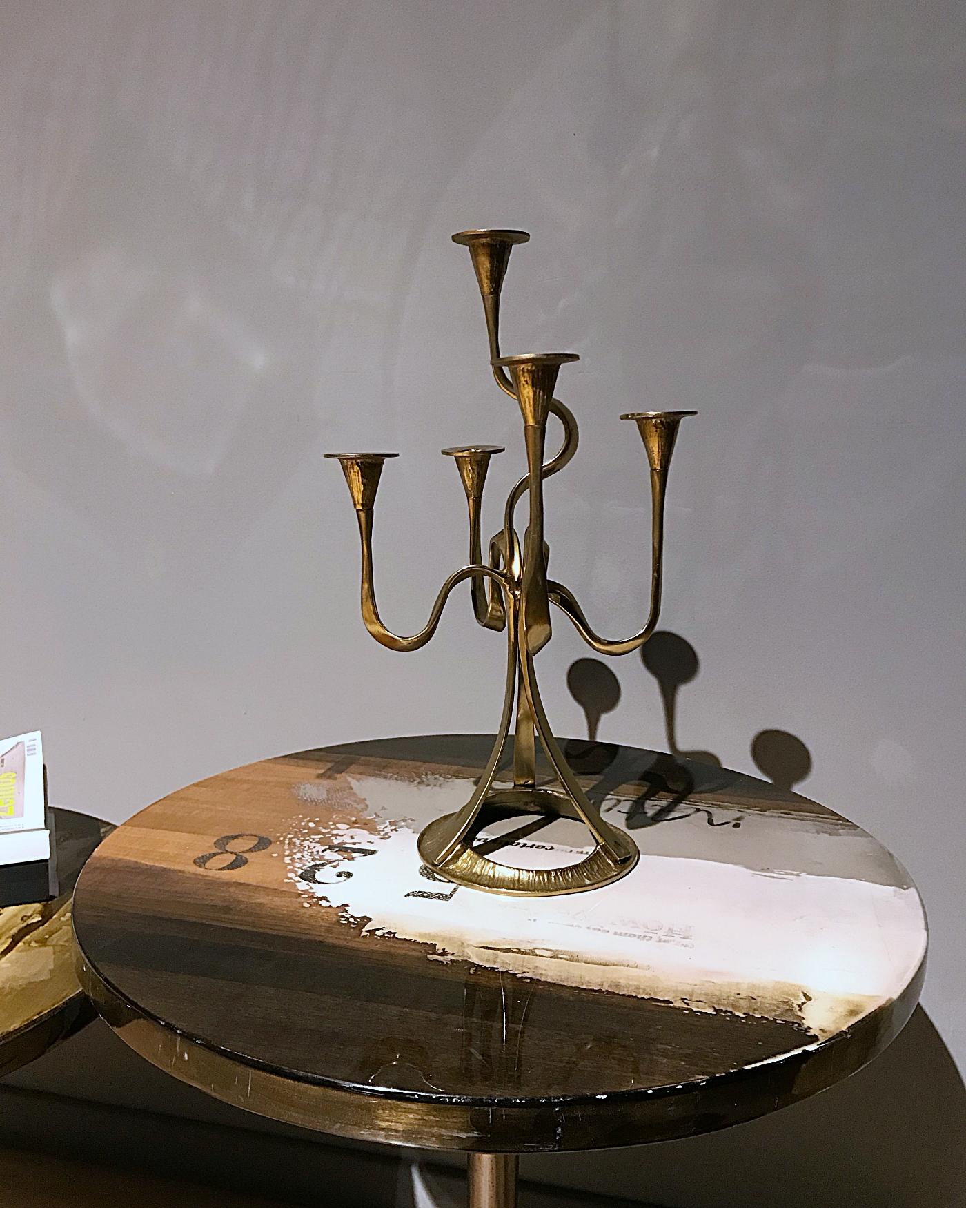 Beautiful midcentury candelabra with five arms of organic, ribbon form, evoking Art Nouveau style from 1960s, Austria. Handmade of polished cast massive brass.
Very good original condition.

 