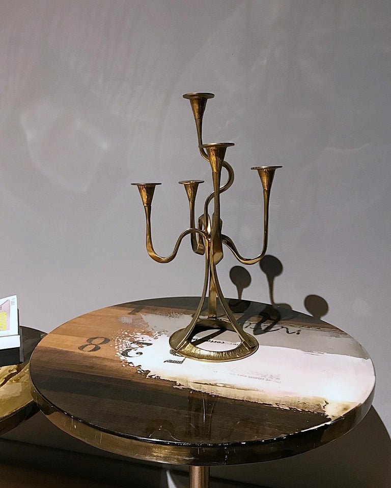 Beautiful midcentury candelabra with five arms of organic, ribbon form, evoking Art Nouveau style from 1960s, Austria. Handmade of polished cast massive brass.
Very good original condition.

 