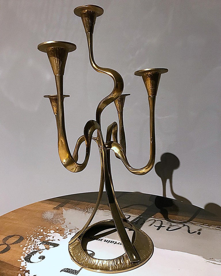 Art Nouveau Midcentury Five-Arm Organic Form Brass Candleholder, Candelabra, 1960s, Austria