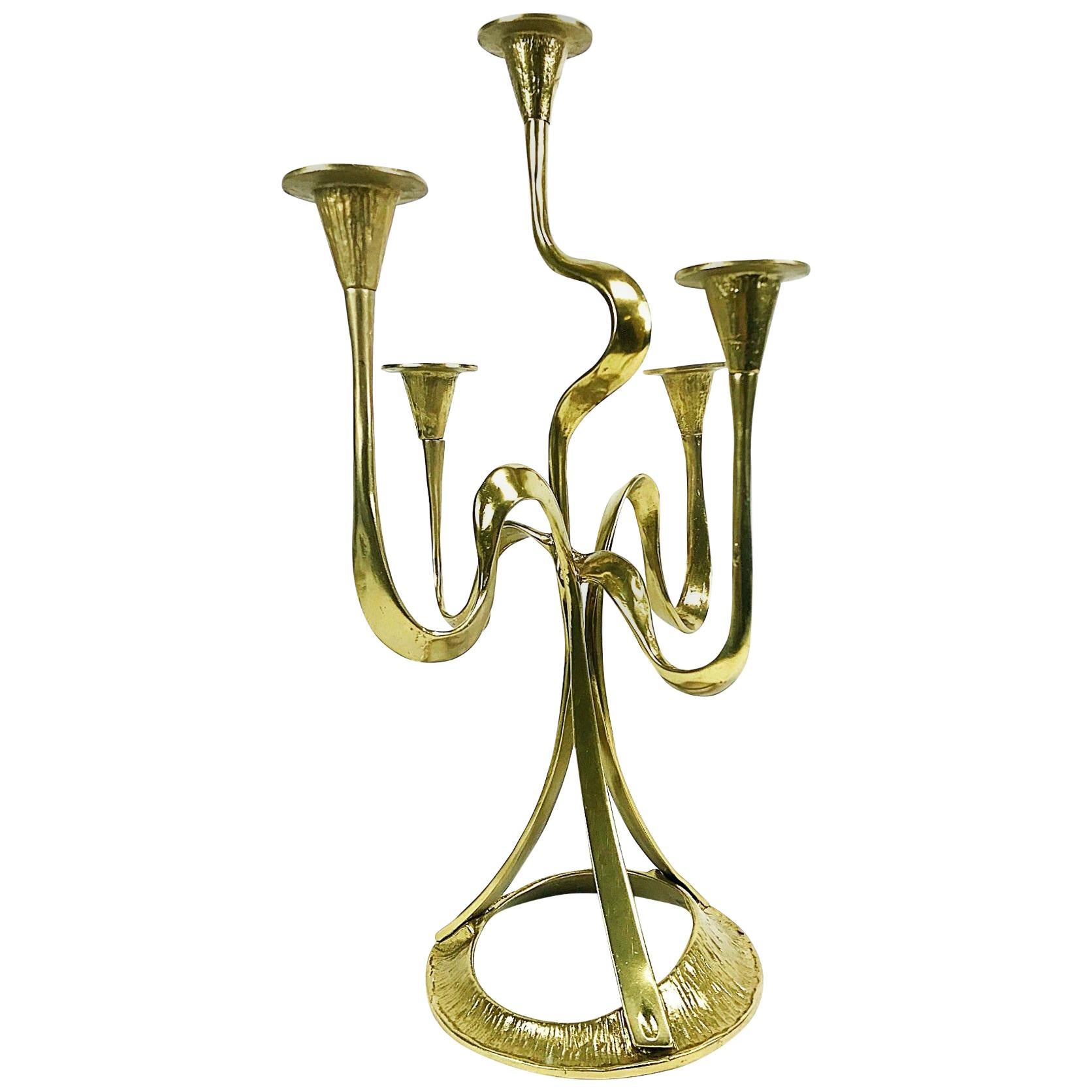 Midcentury Five-Arm Organic Form Brass Candleholder, Candelabra, 1960s, Austria