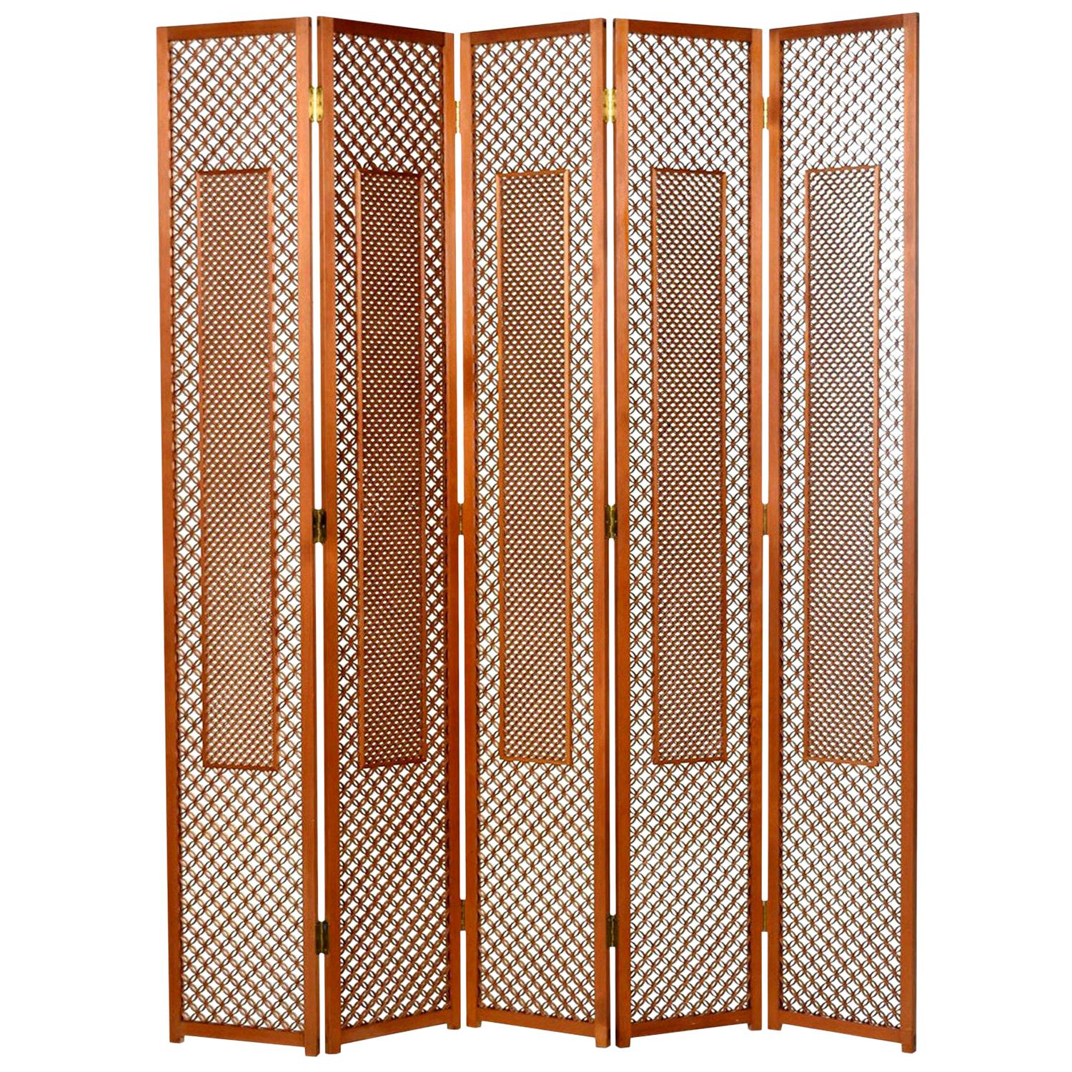 Midcentury Five-Panel Teak Folding Screen Room Divider