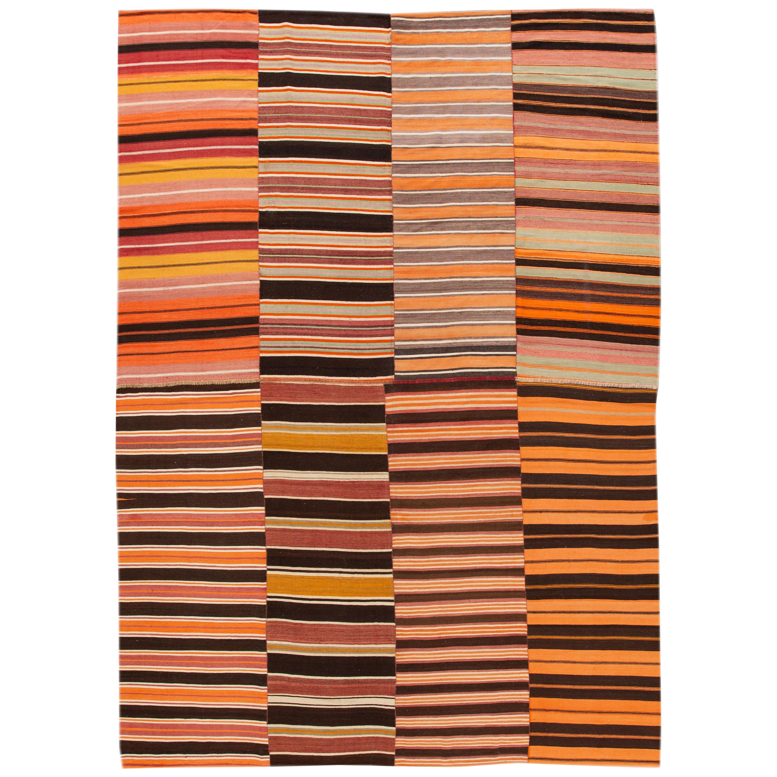 Midcentury Flat-Weave Handmade Orange Wool Rug For Sale