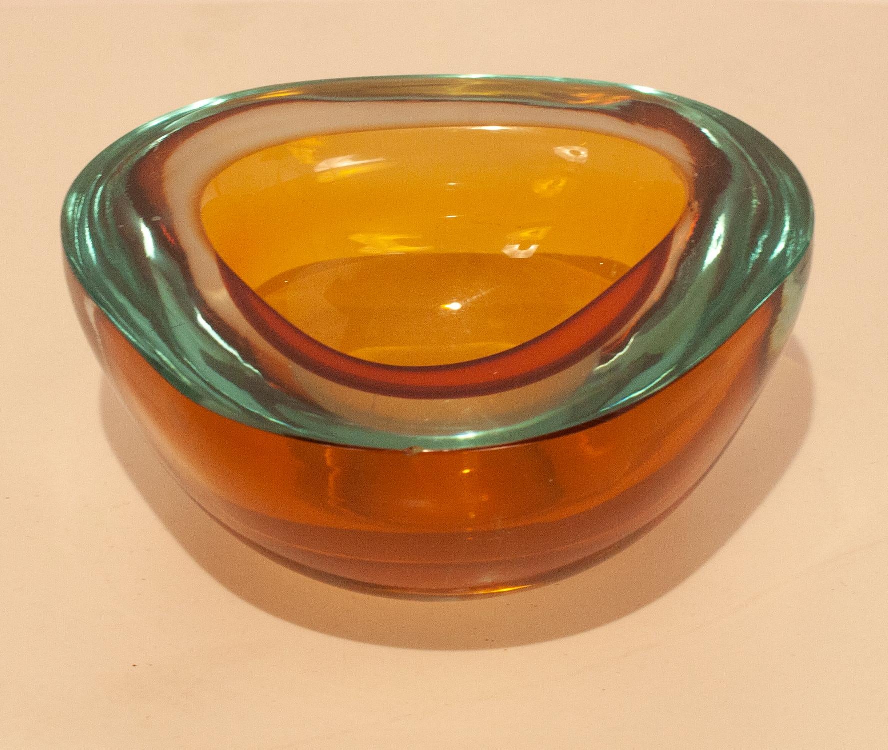 Midcentury Flavio Poli Seguso blue, brown Sommerso Murano art glass bowl, 1950s.