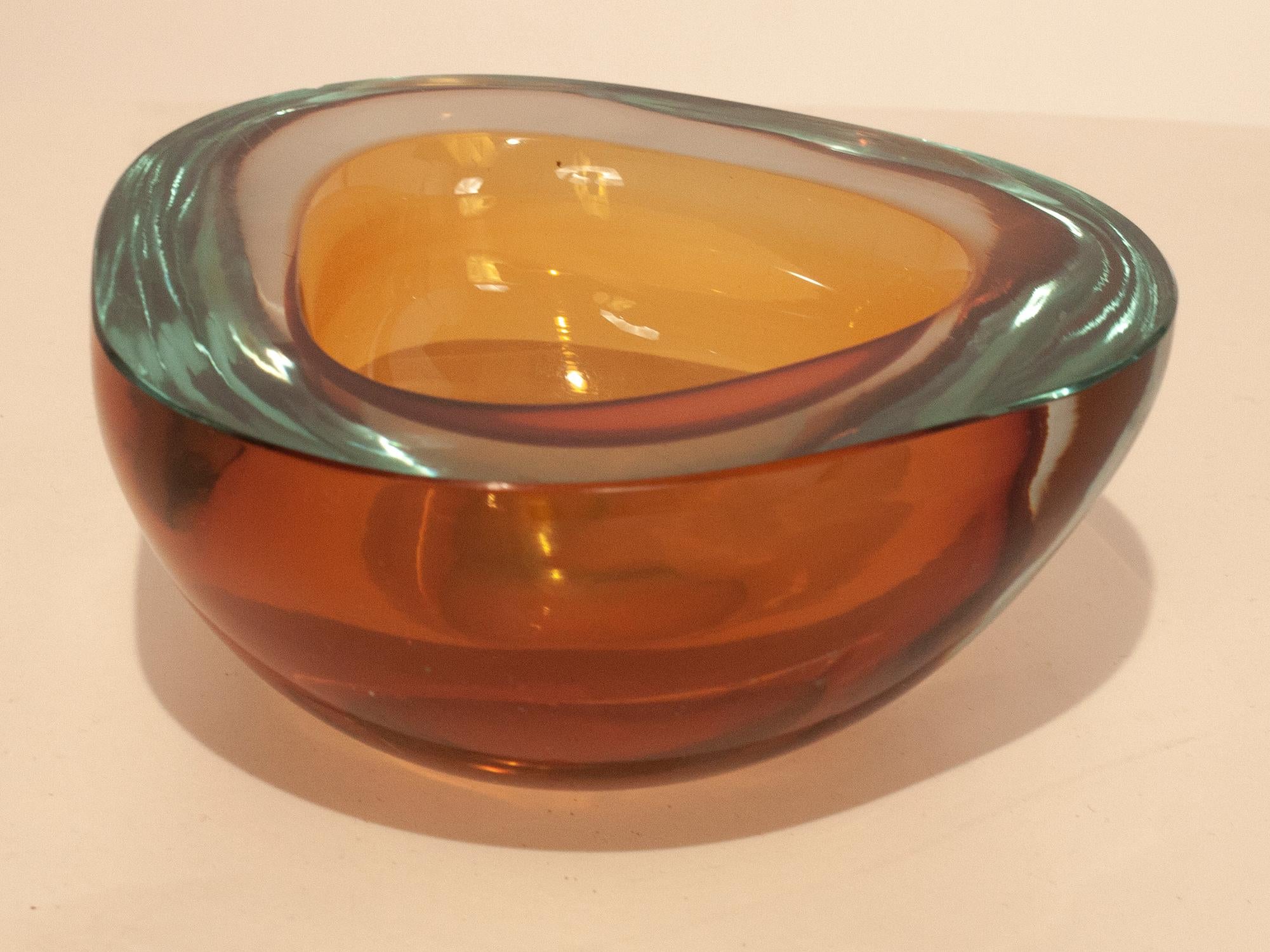 Italian Midcentury Flavio Poli Seguso Blue Brown Sommerso Murano Art Glass Bowl