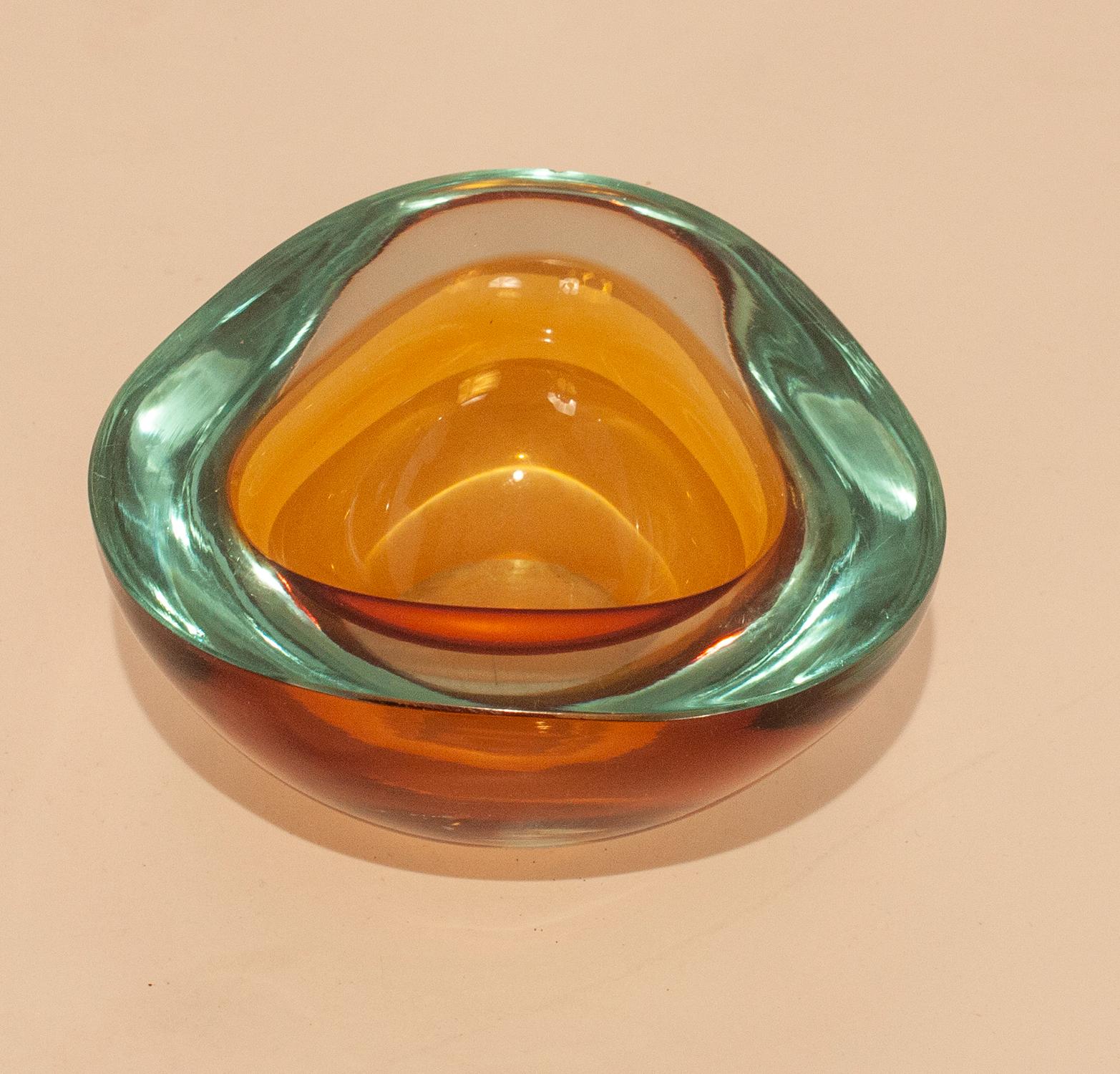 Midcentury Flavio Poli Seguso Blue Brown Sommerso Murano Art Glass Bowl In Good Condition In Barcelona, Cataluna