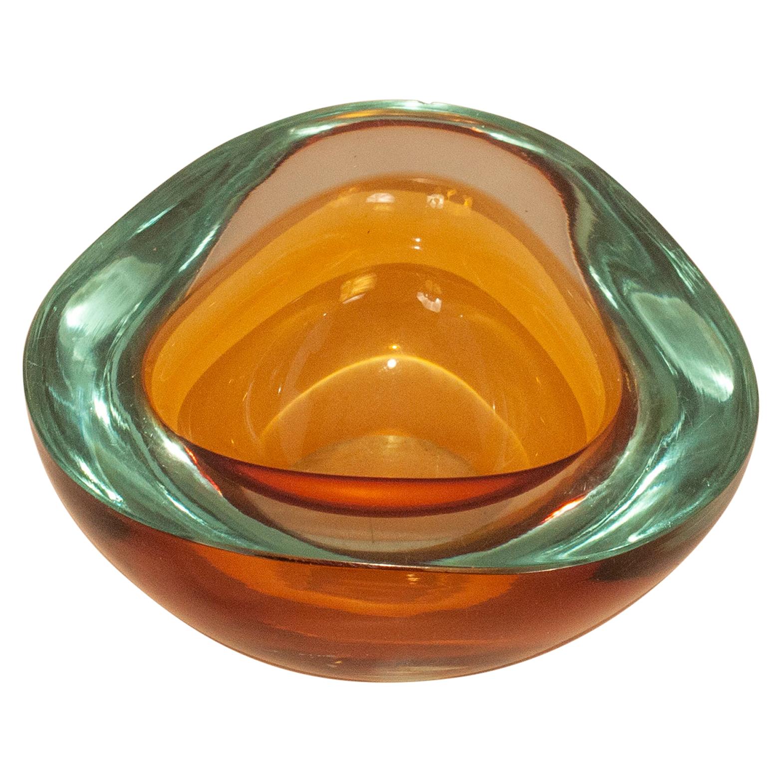 Midcentury Flavio Poli Seguso Blue Brown Sommerso Murano Art Glass Bowl