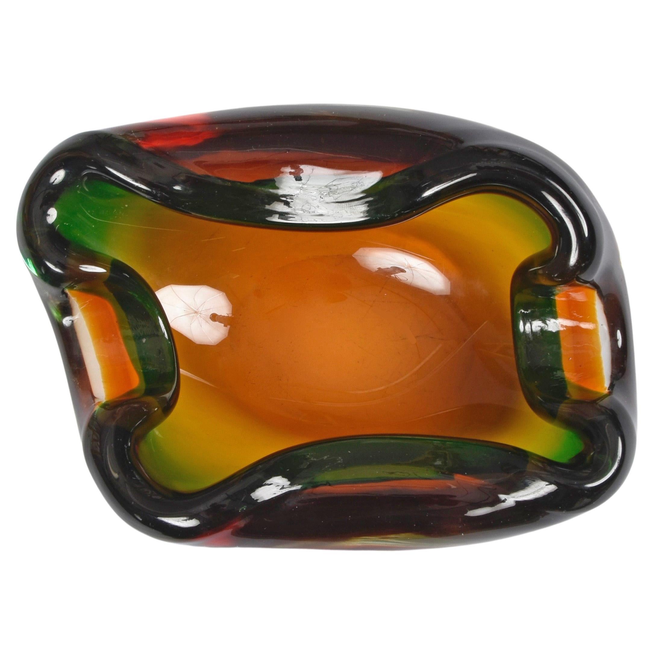 Midcentury Flavio Poli Submerged Murano Green Glass with Amber Shades Bowl, 1960