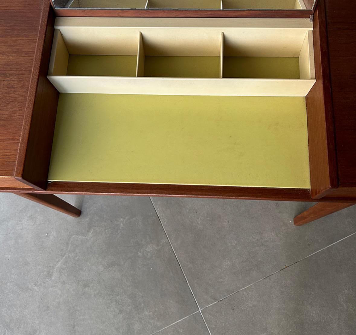 Teak Midcentury flip top vanity make up desk with hidden mirror, 1960s Denmark