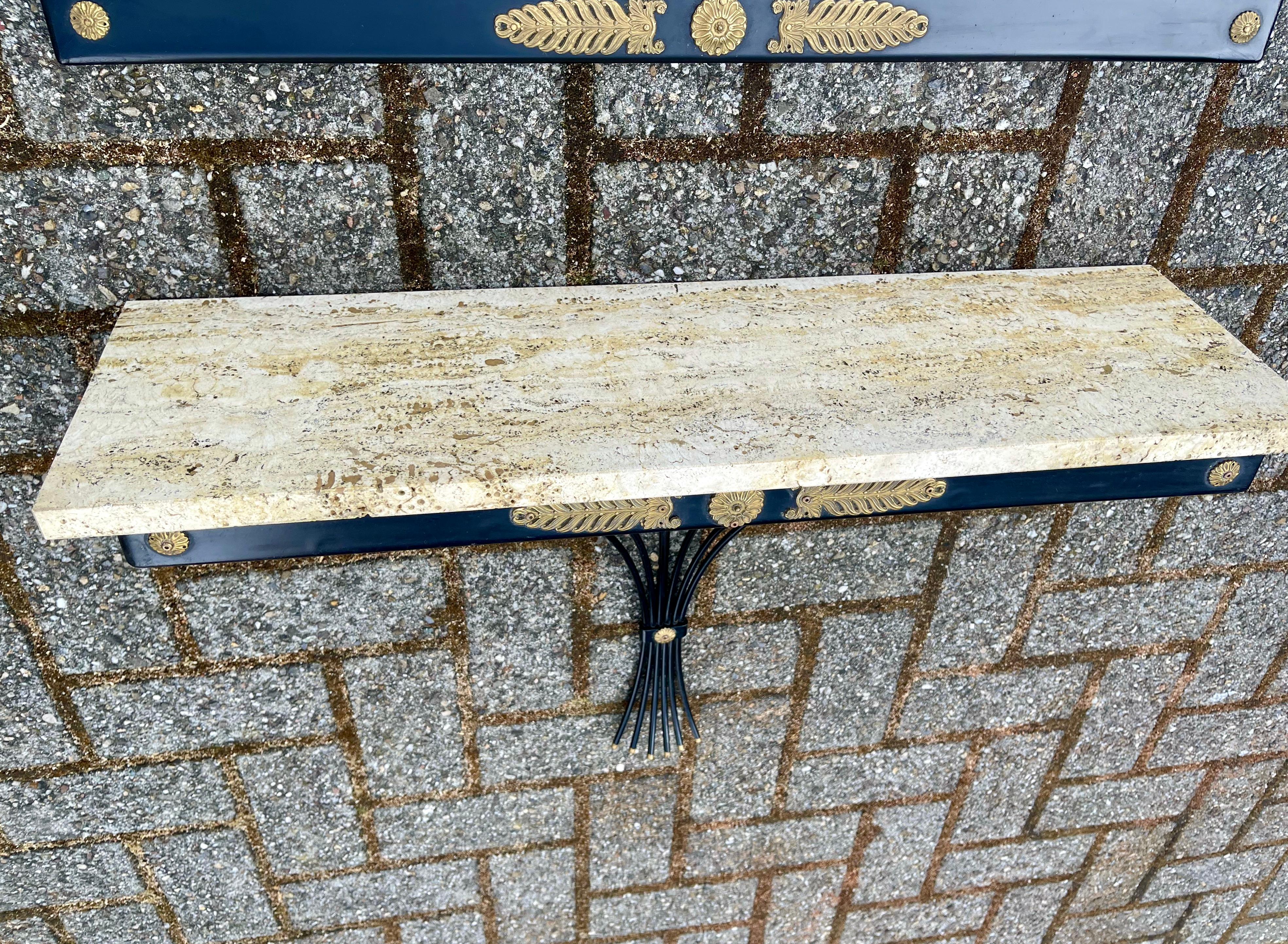 Midcentury Floating Console Table with Travertine Marble Top and Matching Mirror 2
