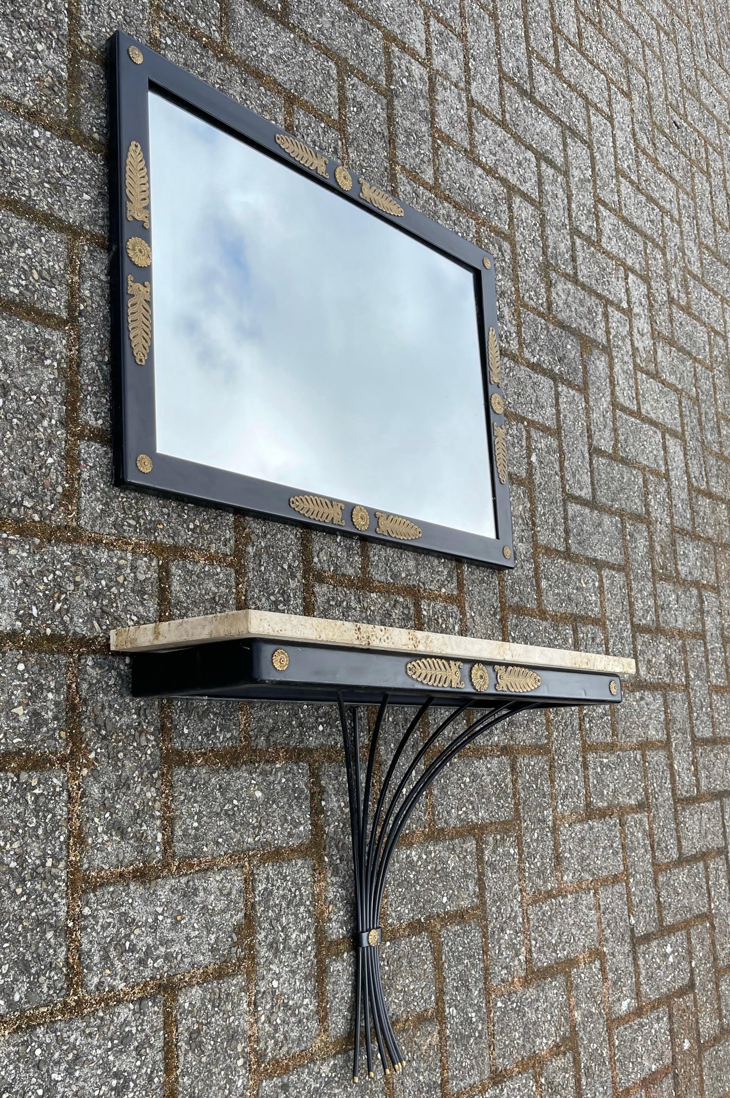 Midcentury Floating Console Table with Travertine Marble Top and Matching Mirror 5