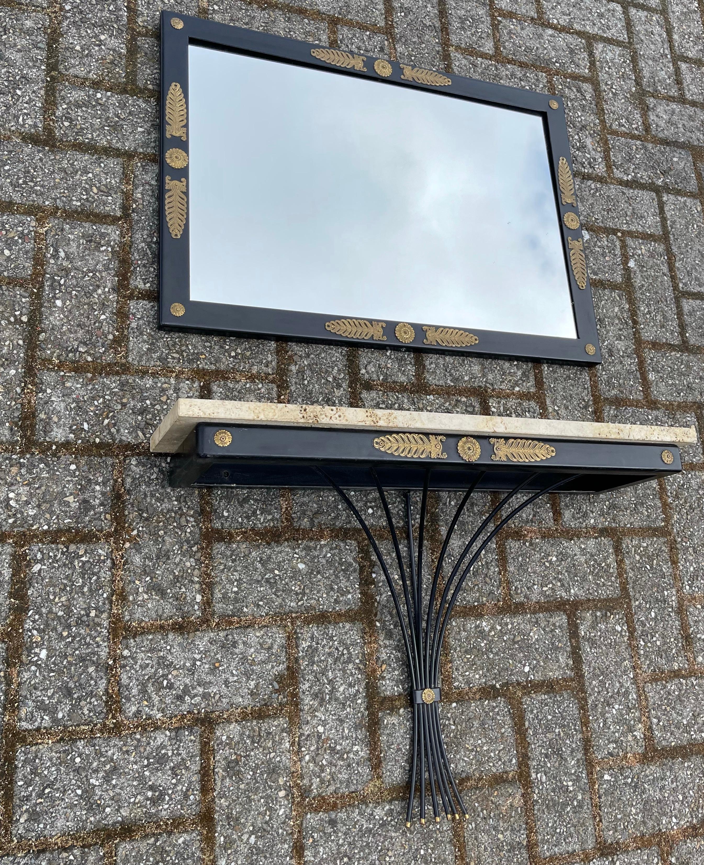 Midcentury Floating Console Table with Travertine Marble Top and Matching Mirror 6