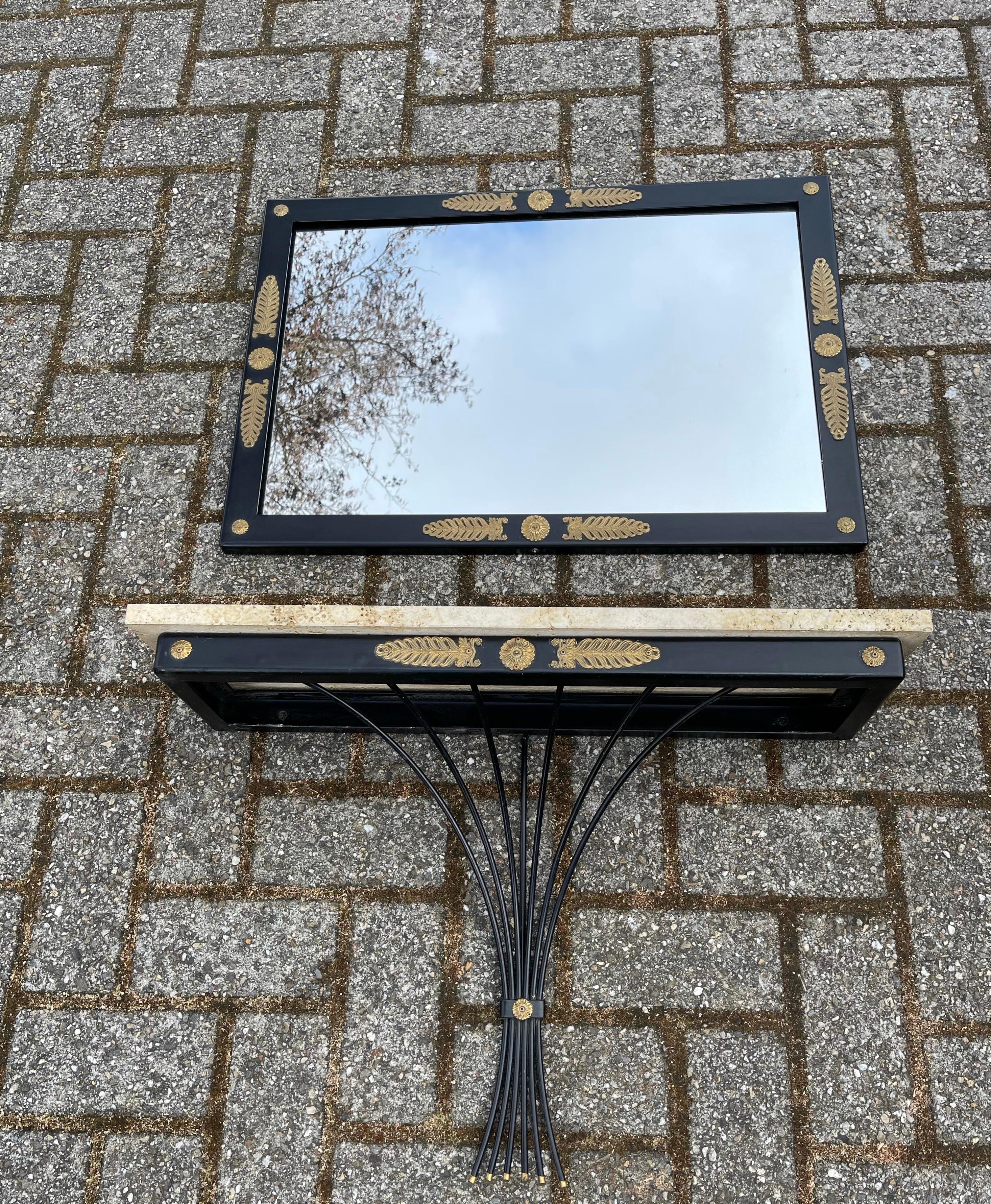 Midcentury Floating Console Table with Travertine Marble Top and Matching Mirror 7