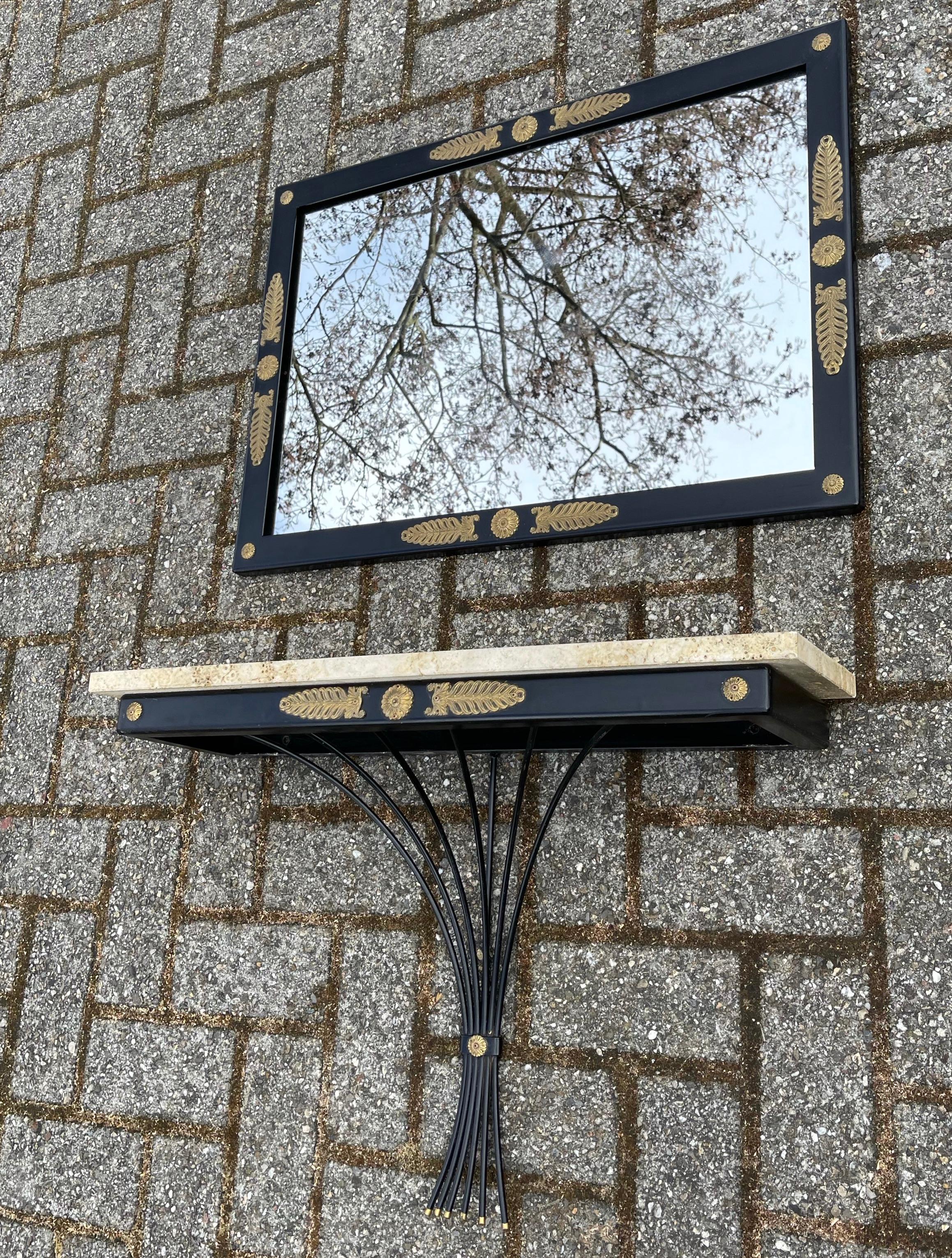 Midcentury Floating Console Table with Travertine Marble Top and Matching Mirror 11