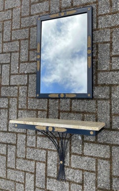 Midcentury Floating Console Table with Travertine Marble Top and Matching Mirror