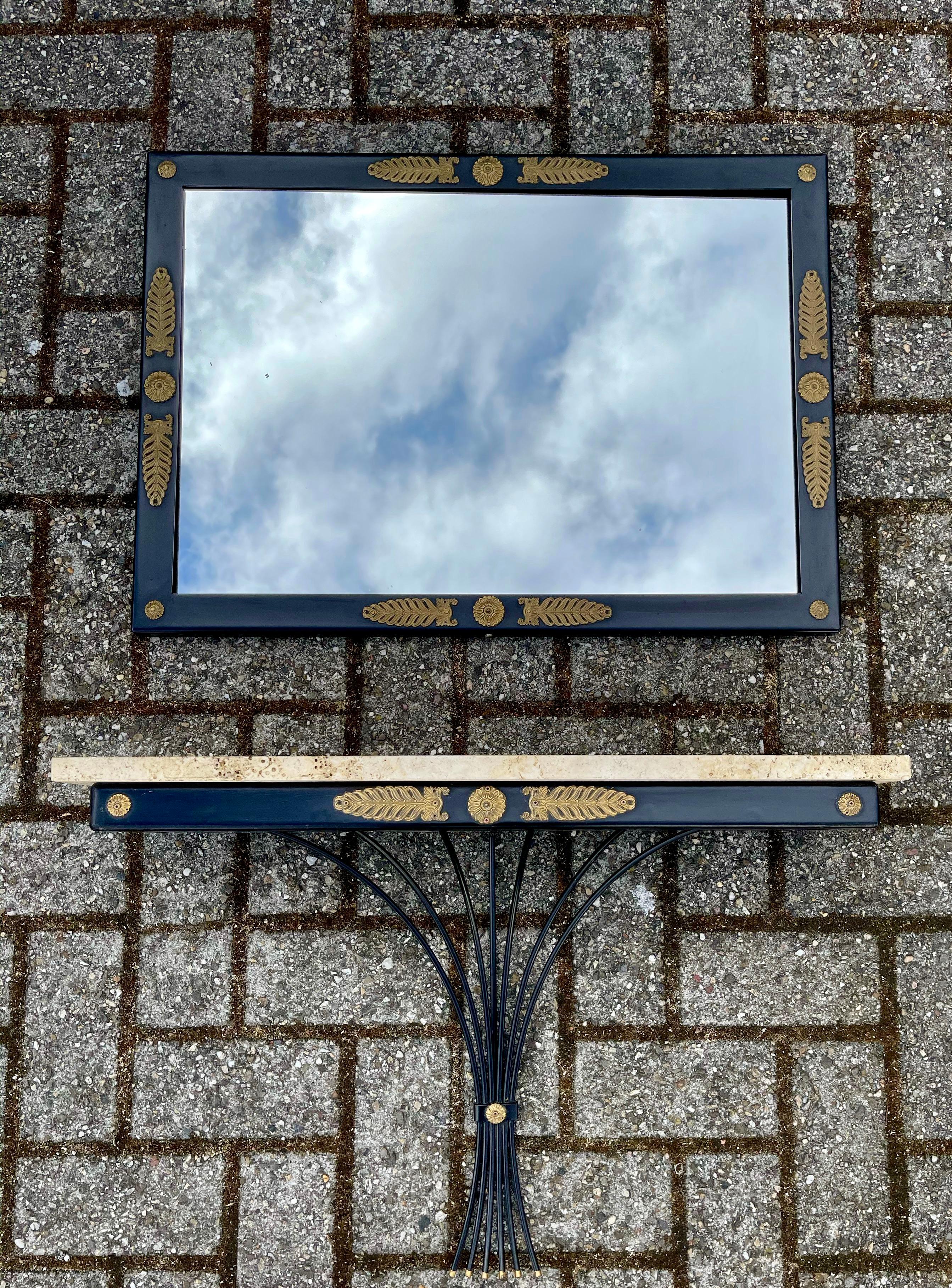 Empire Midcentury Floating Console Table with Travertine Marble Top and Matching Mirror
