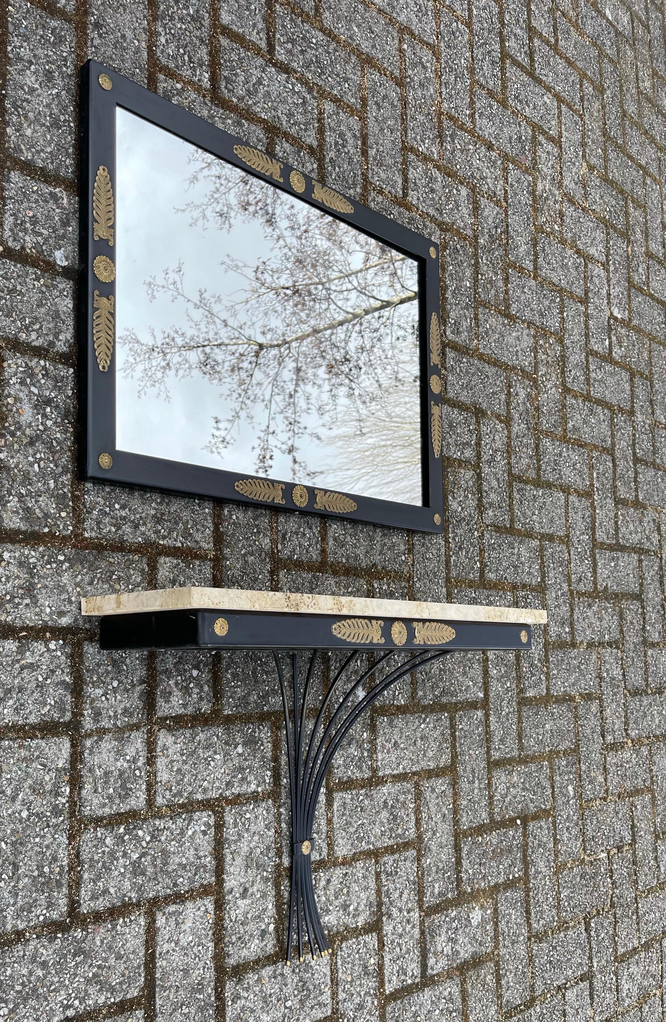 Blackened Midcentury Floating Console Table with Travertine Marble Top and Matching Mirror