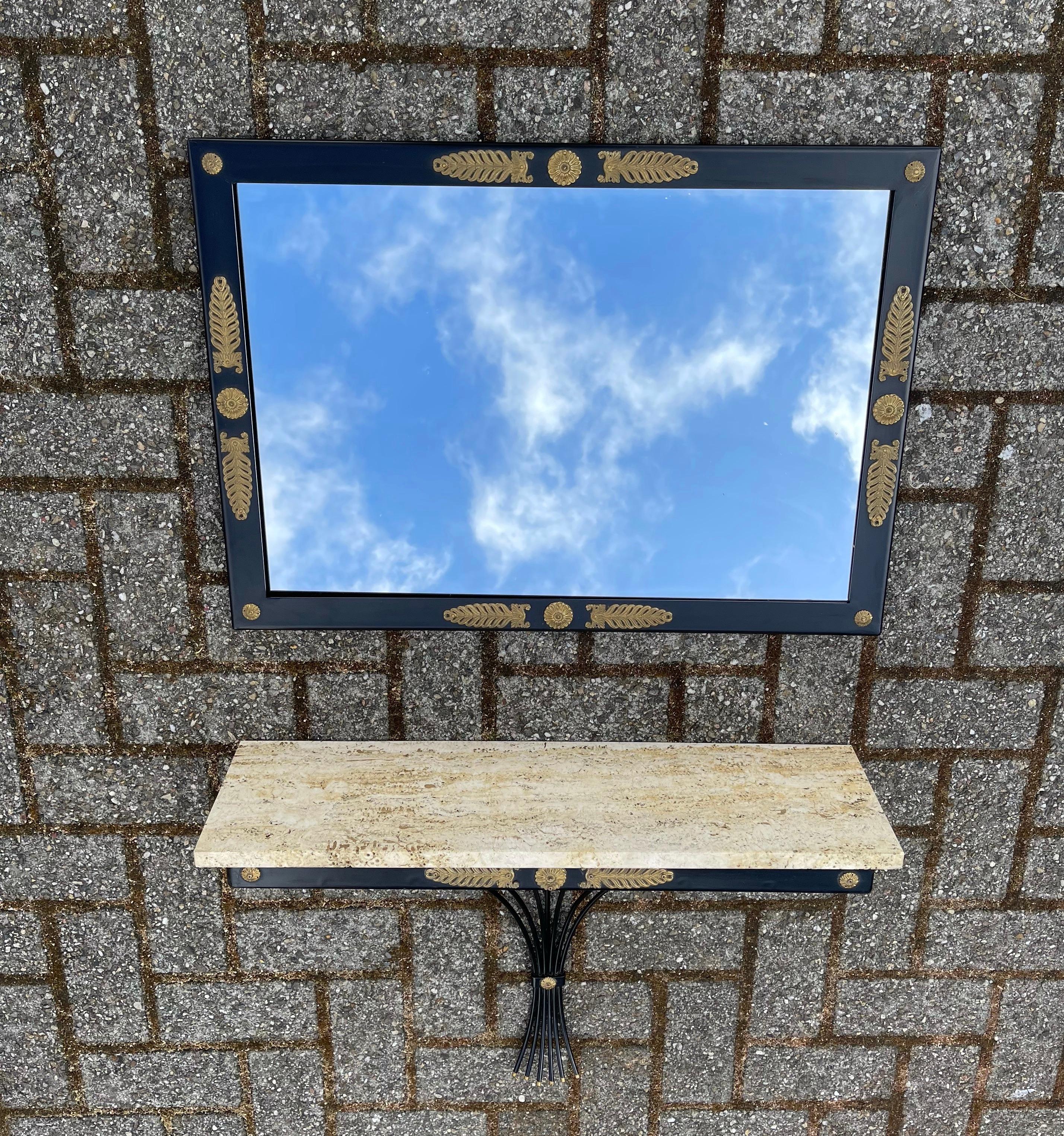 Bronze Midcentury Floating Console Table with Travertine Marble Top and Matching Mirror