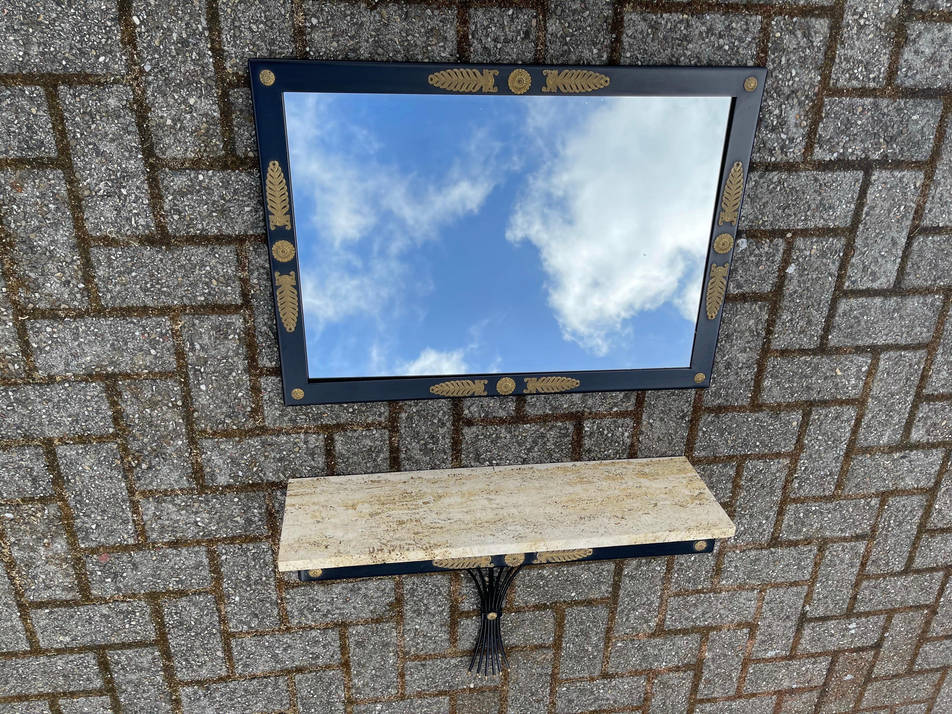 Midcentury Floating Console Table with Travertine Marble Top and Matching Mirror 1