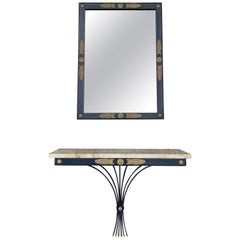 Midcentury Floating Console Table with Travertine Marble Top and Matching Mirror