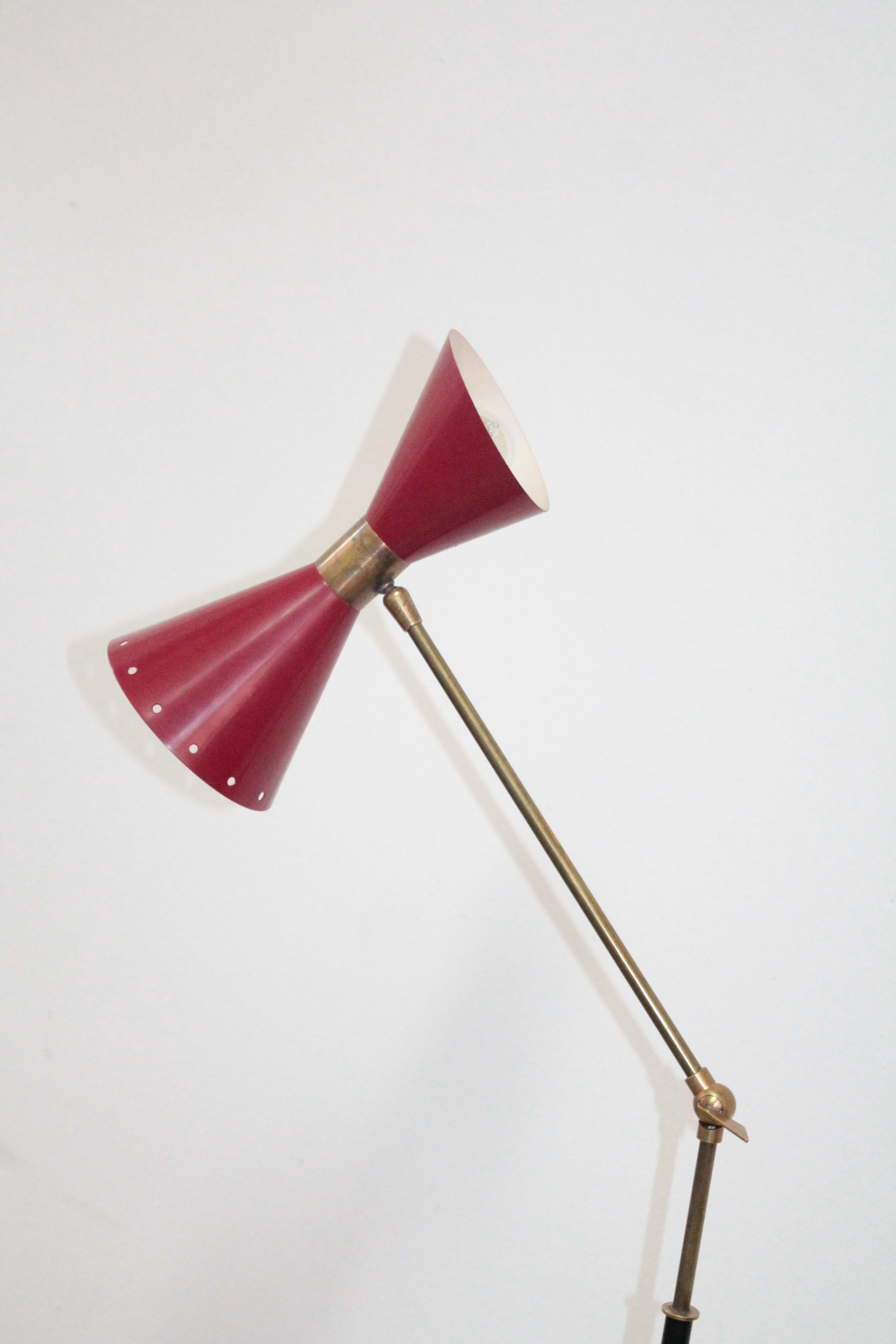 Wonderful Italian floor lamp with marble, brass structure and enameled red caps.