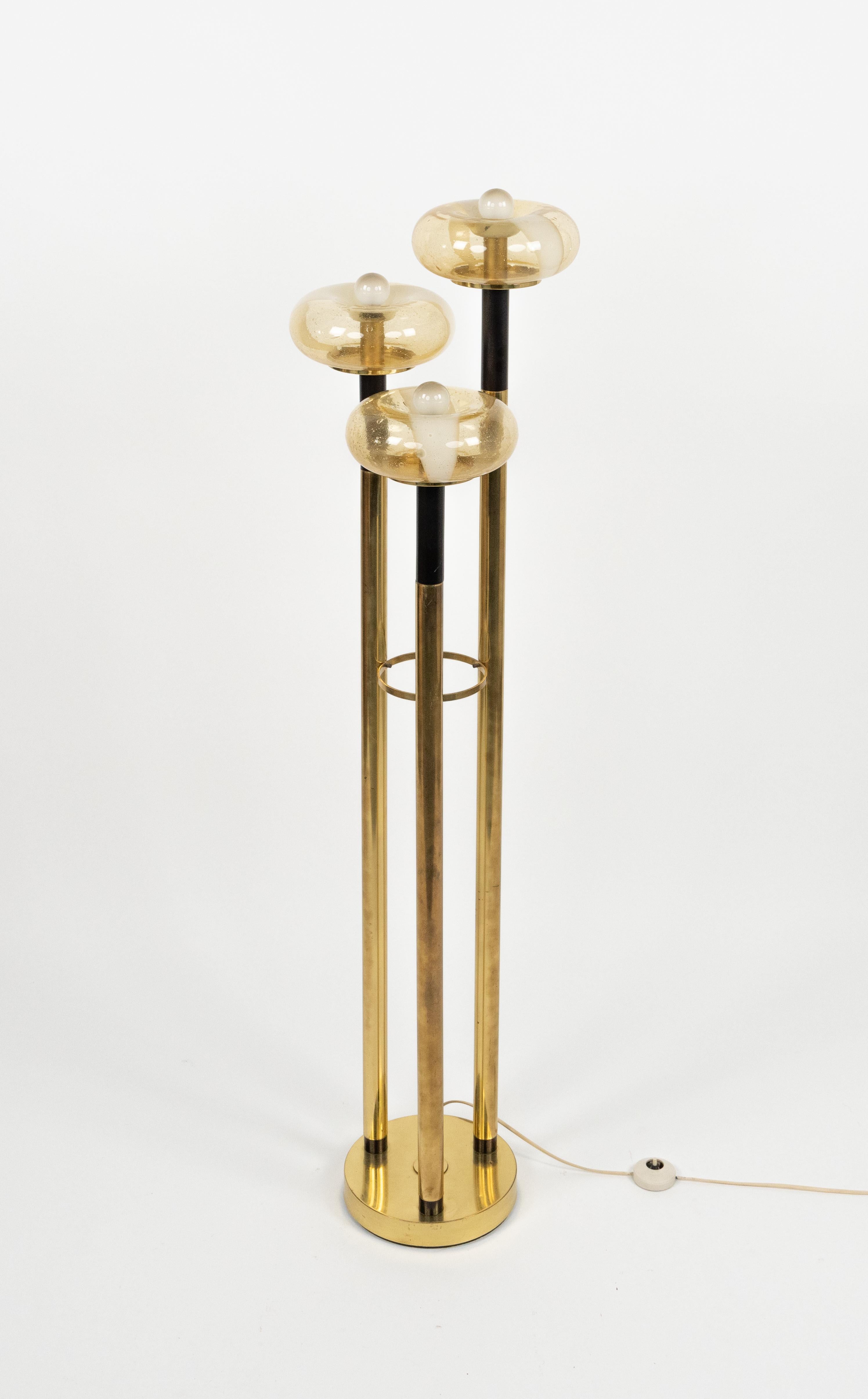 Mid-Century Modern Midcentury Floor Lamp Brass and Murano Glass Mazzega Style, Italy 1970s For Sale