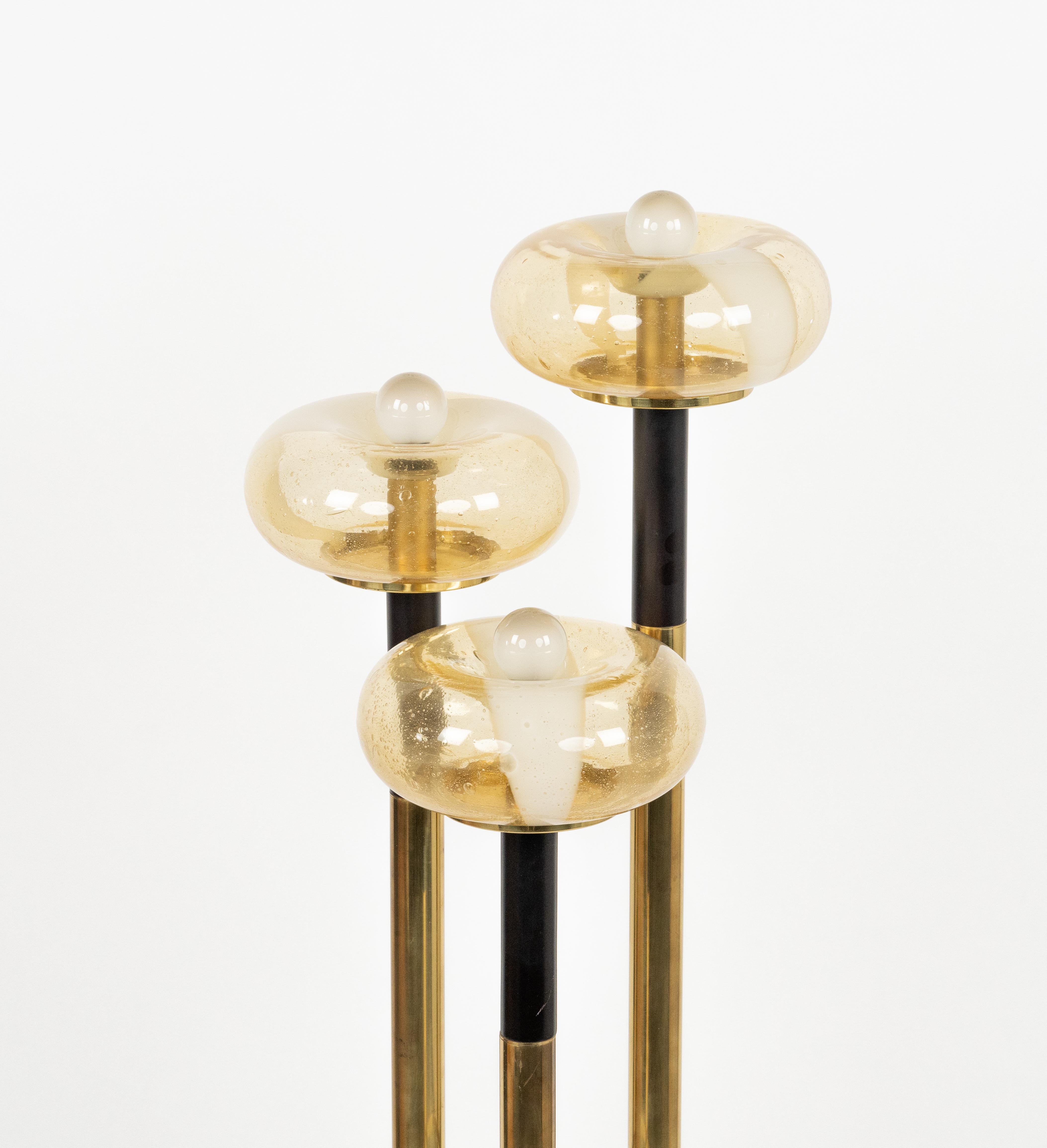 Italian Midcentury Floor Lamp Brass and Murano Glass Mazzega Style, Italy 1970s For Sale