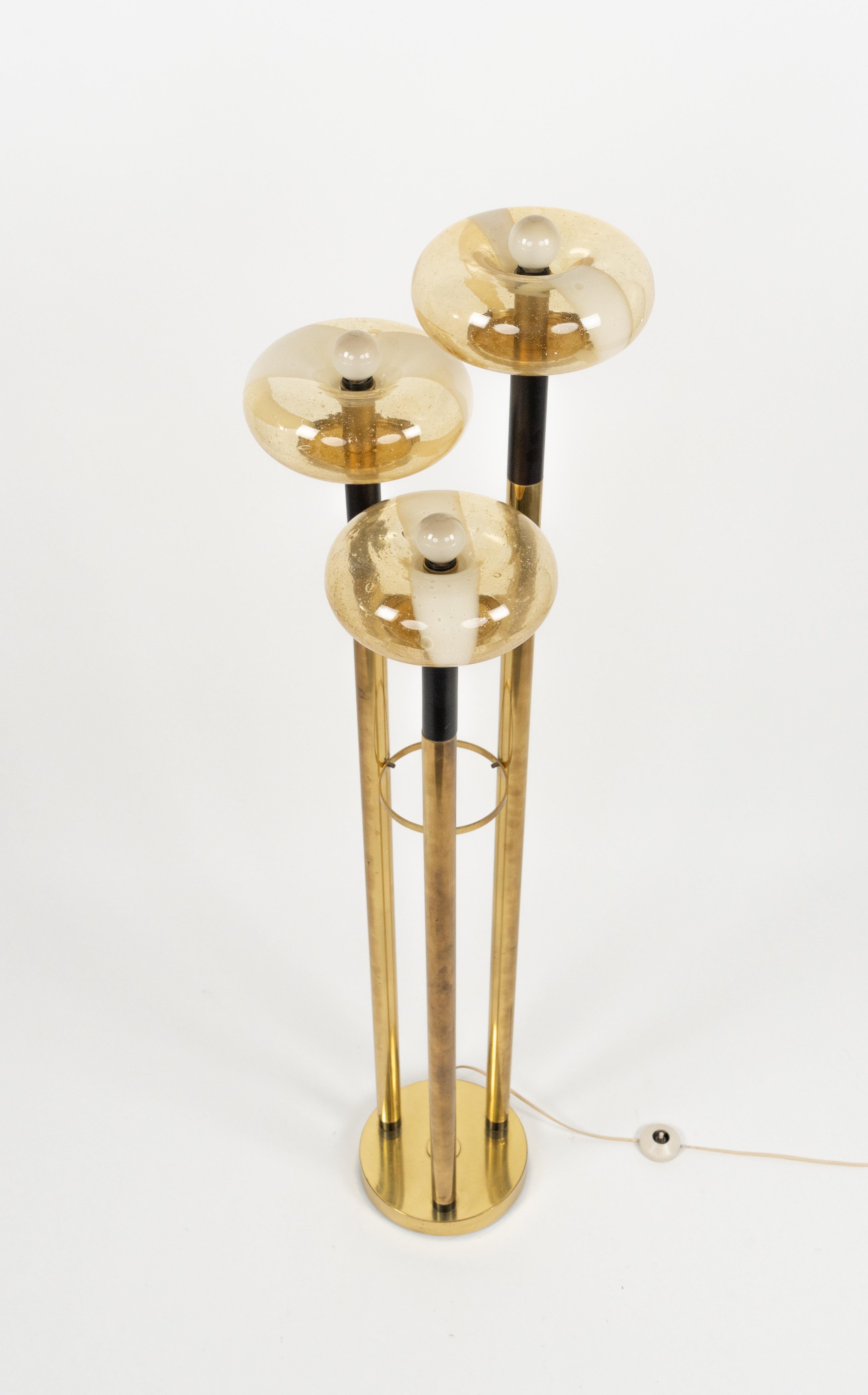 Late 20th Century Midcentury Floor Lamp Brass and Murano Glass Mazzega Style, Italy 1970s For Sale