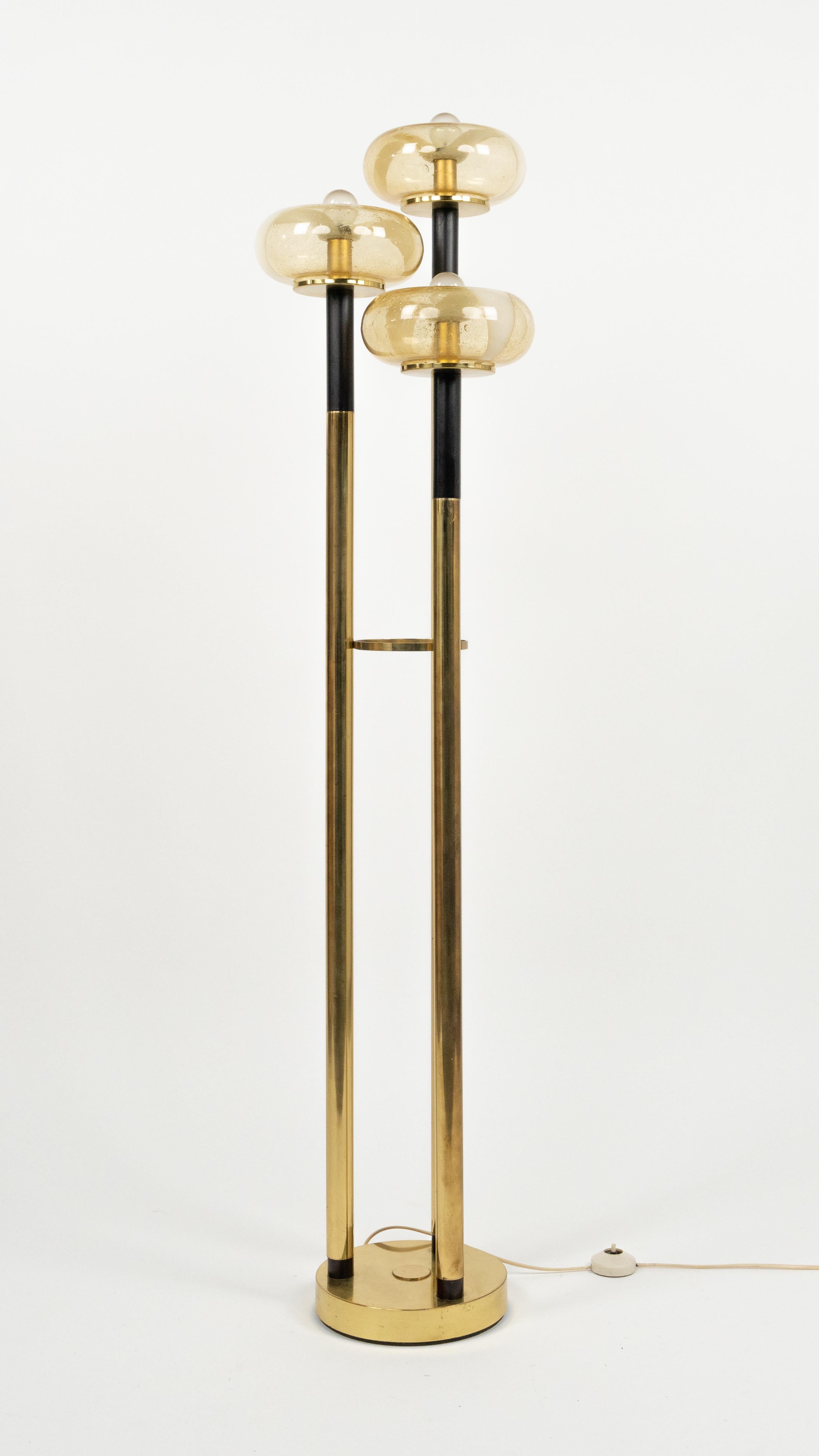 Metal Midcentury Floor Lamp Brass and Murano Glass Mazzega Style, Italy 1970s For Sale