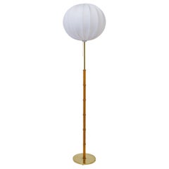 Midcentury Floor Lamp Brass and Oak Falkenbergs Belysning, Sweden, 1960s