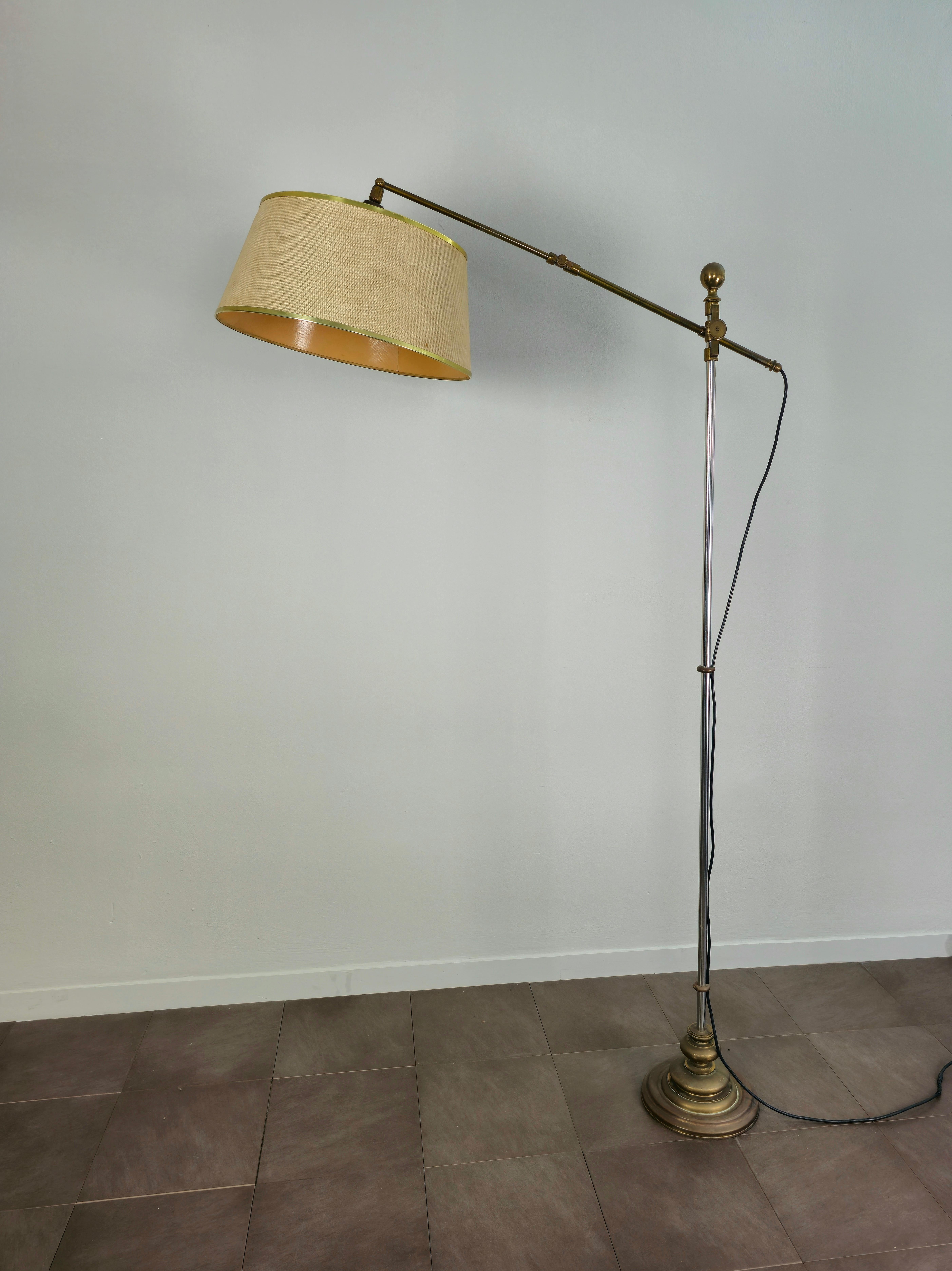 Mid-Century Modern Midcentury Floor Lamp Brass Chromed Metal Fabric Adjustable Italian Design 1950s For Sale